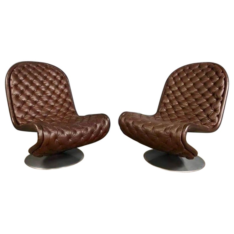 Pair Of Vintage Model E Lounge Chairs By Verner Panton Fritz Hansen Leather For Sale