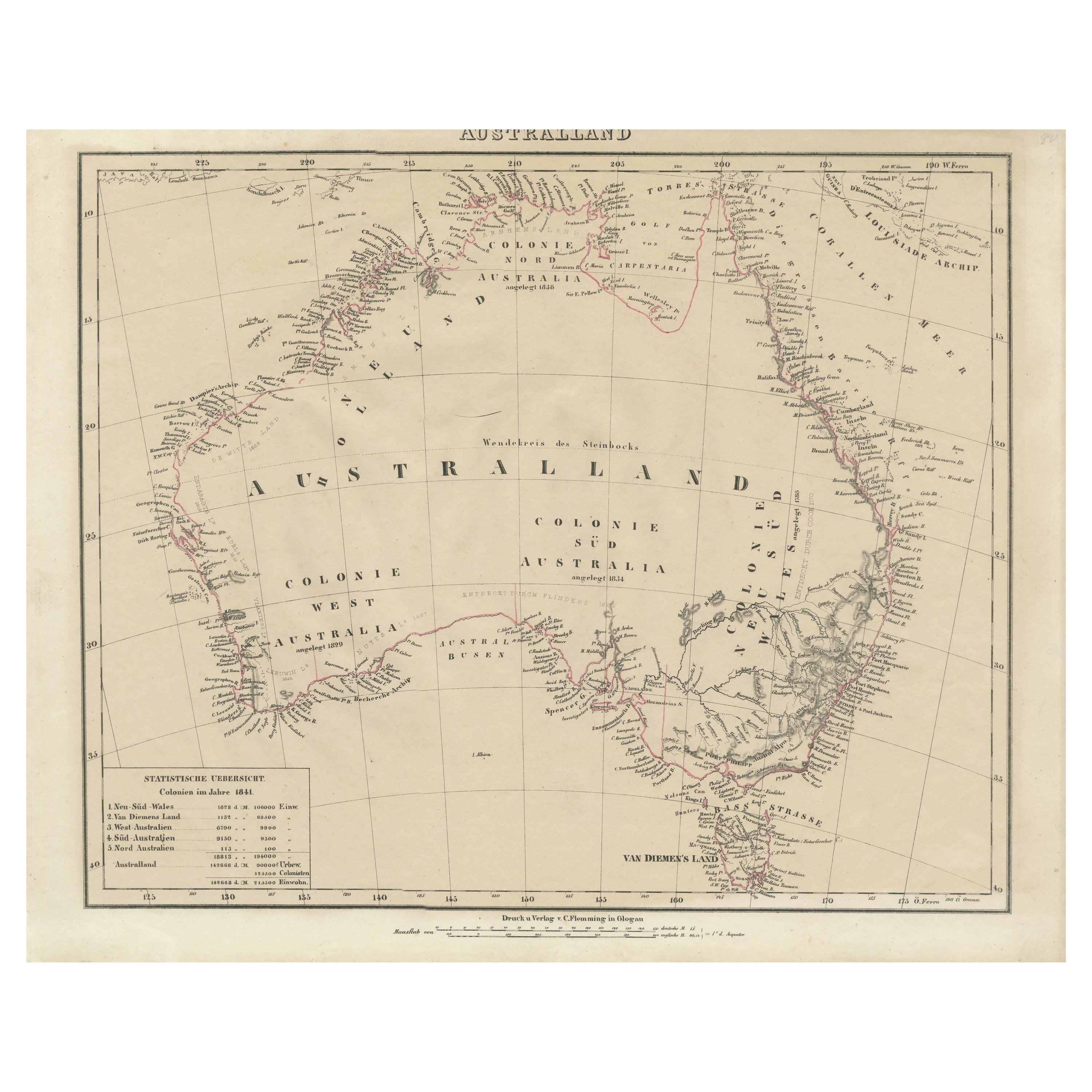 Detailed German Map of Australia Including Statistics of 1841, Published in 1854 For Sale