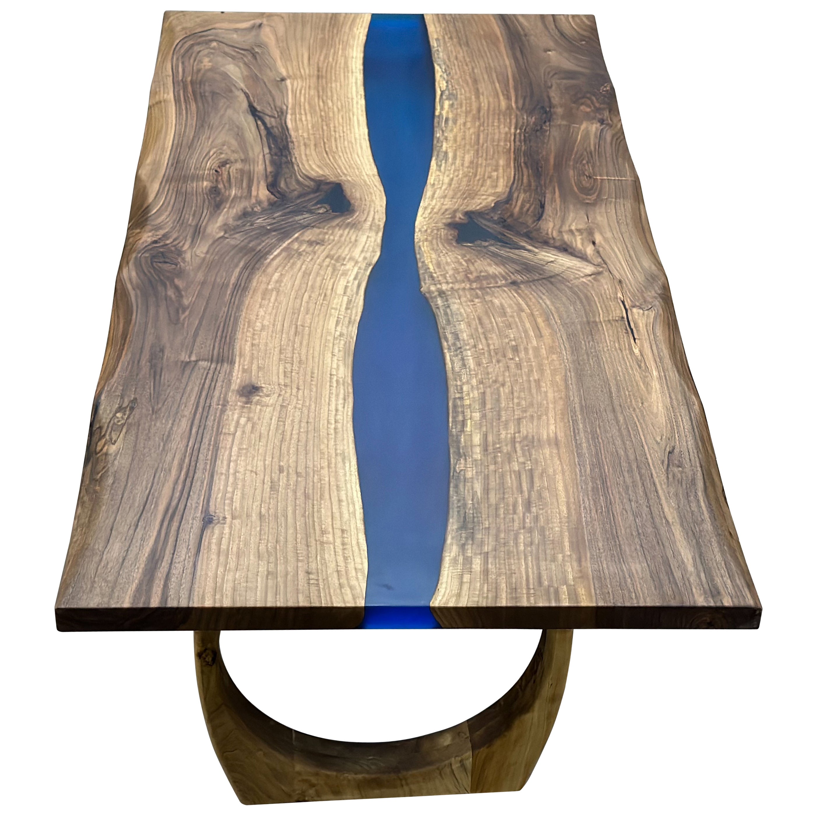 Table de salle à manger en résine bleue et bois de noyer époxy en vente
