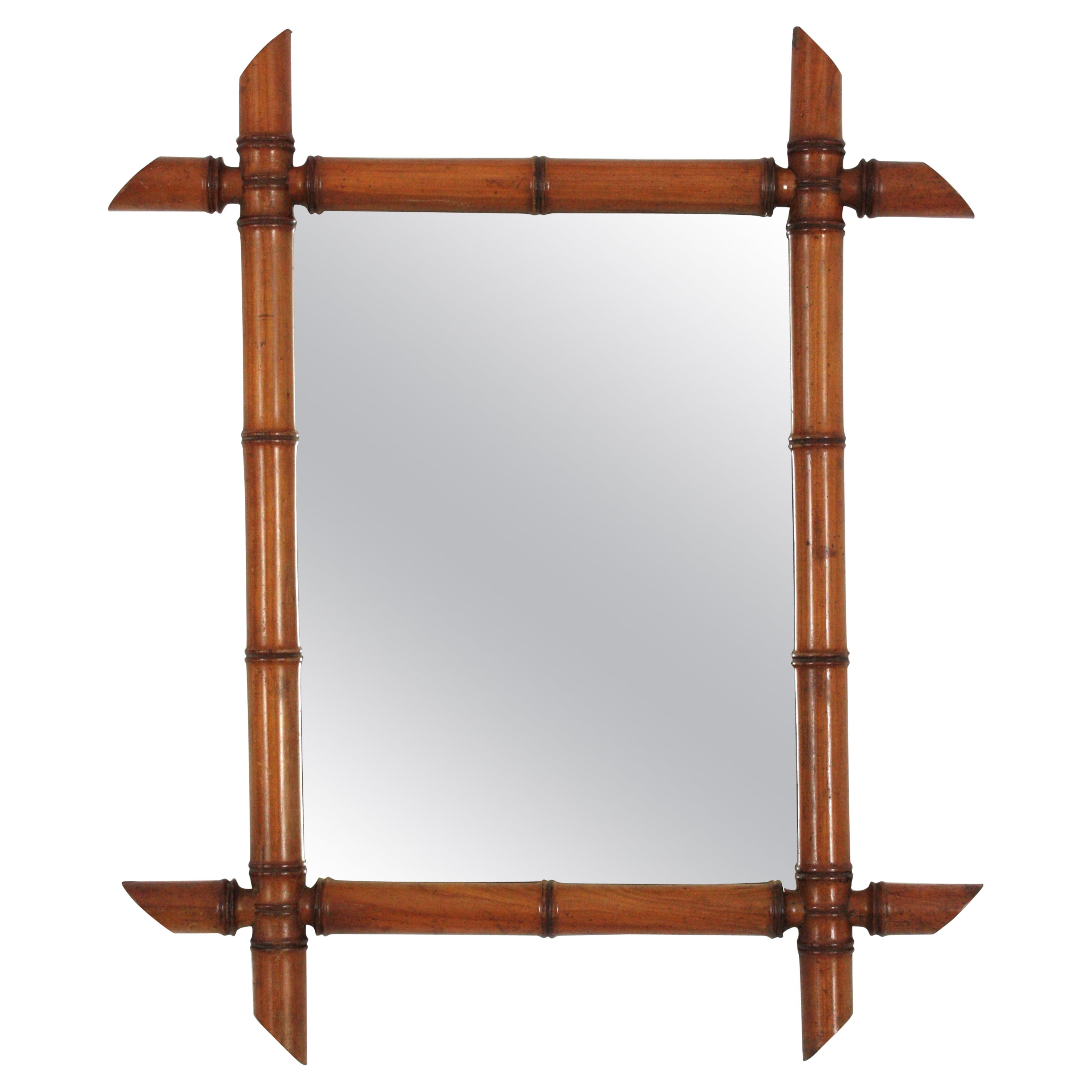French Beech Wood Faux Bamboo Wall Mirror For Sale