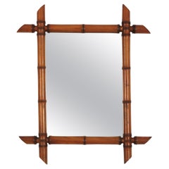 Vintage French Beech Wood Faux Bamboo Wall Mirror