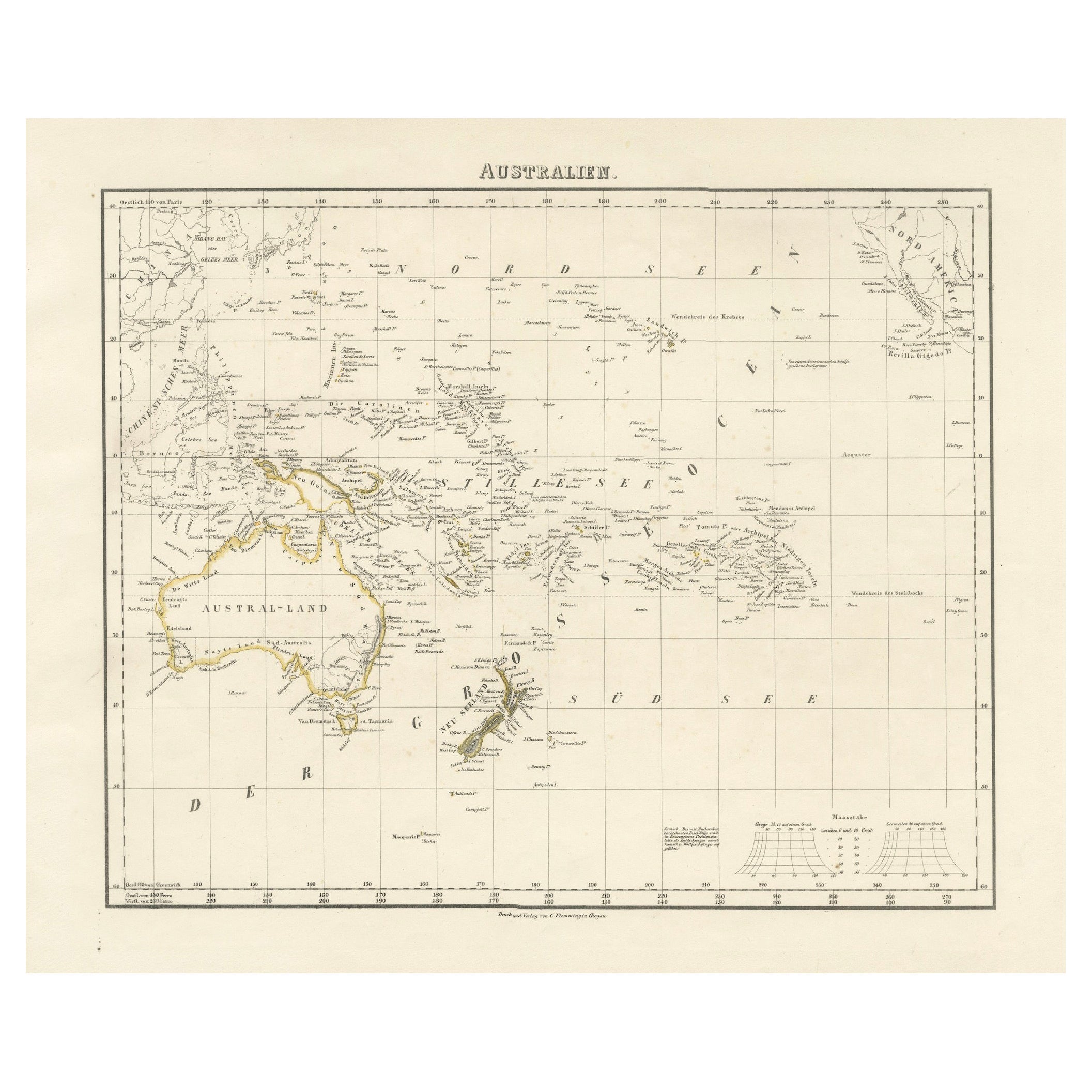 Carte de l'Australasie du milieu du 19e siècle par Carl Flemming - 1855