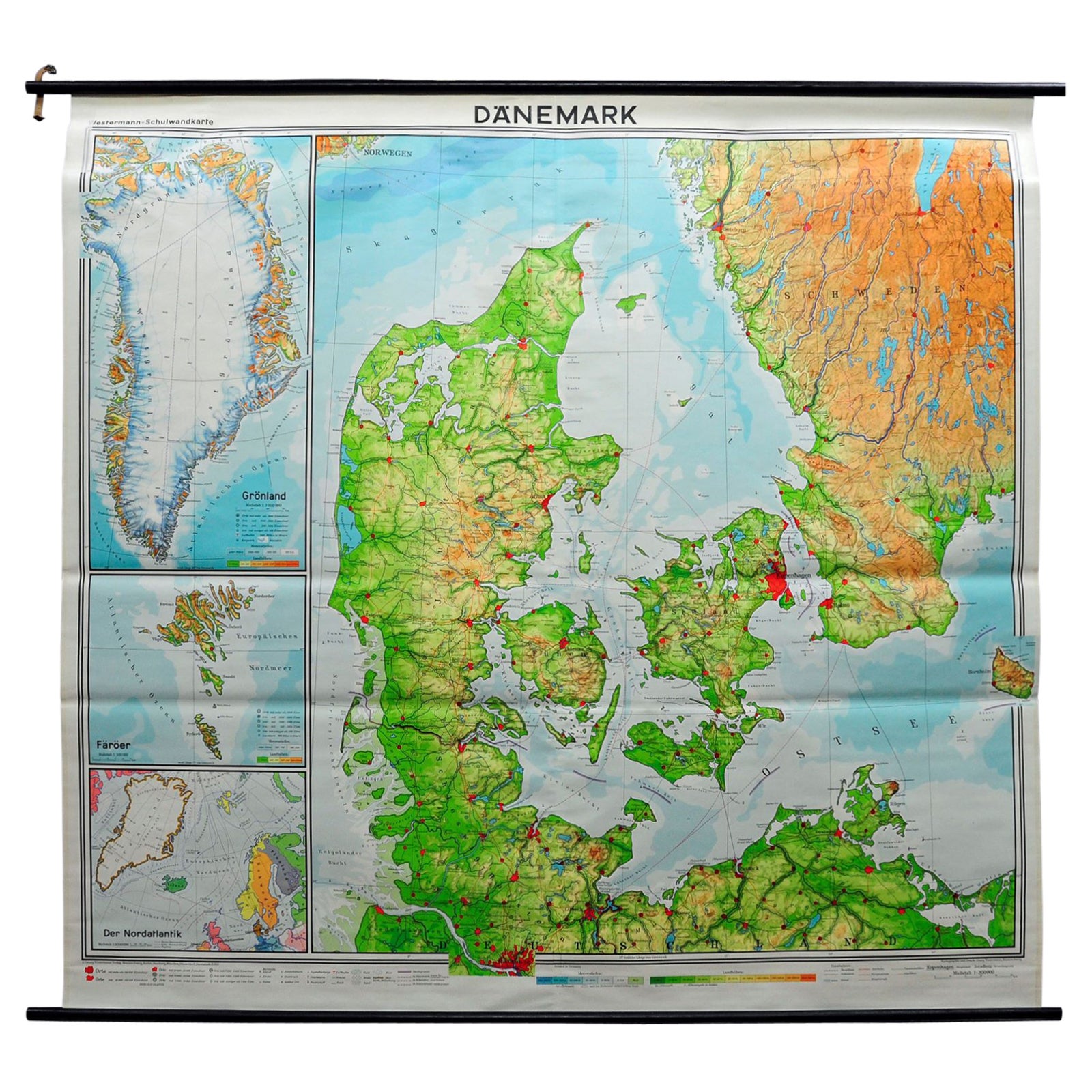 Denmark Greenland Faroe Islands the North Atlantic Vintage Mural Map Wall Chart For Sale
