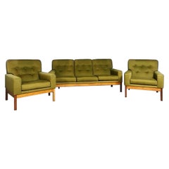 Guy Rogers Three Seater Sofa Matching Armchairs Green Wool Silk Fabric