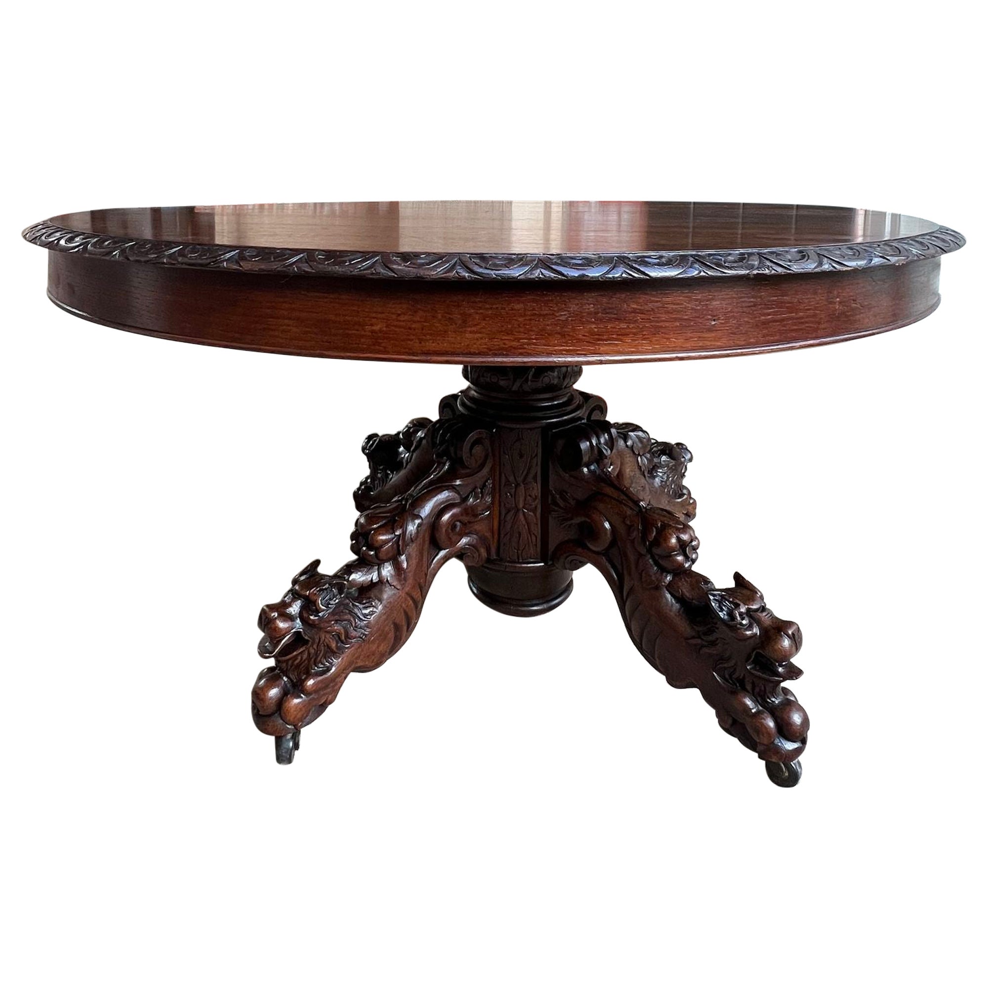 Antique French ROUND Dining Hunt Game Table Carved Oak Black Forest Pedestal For Sale