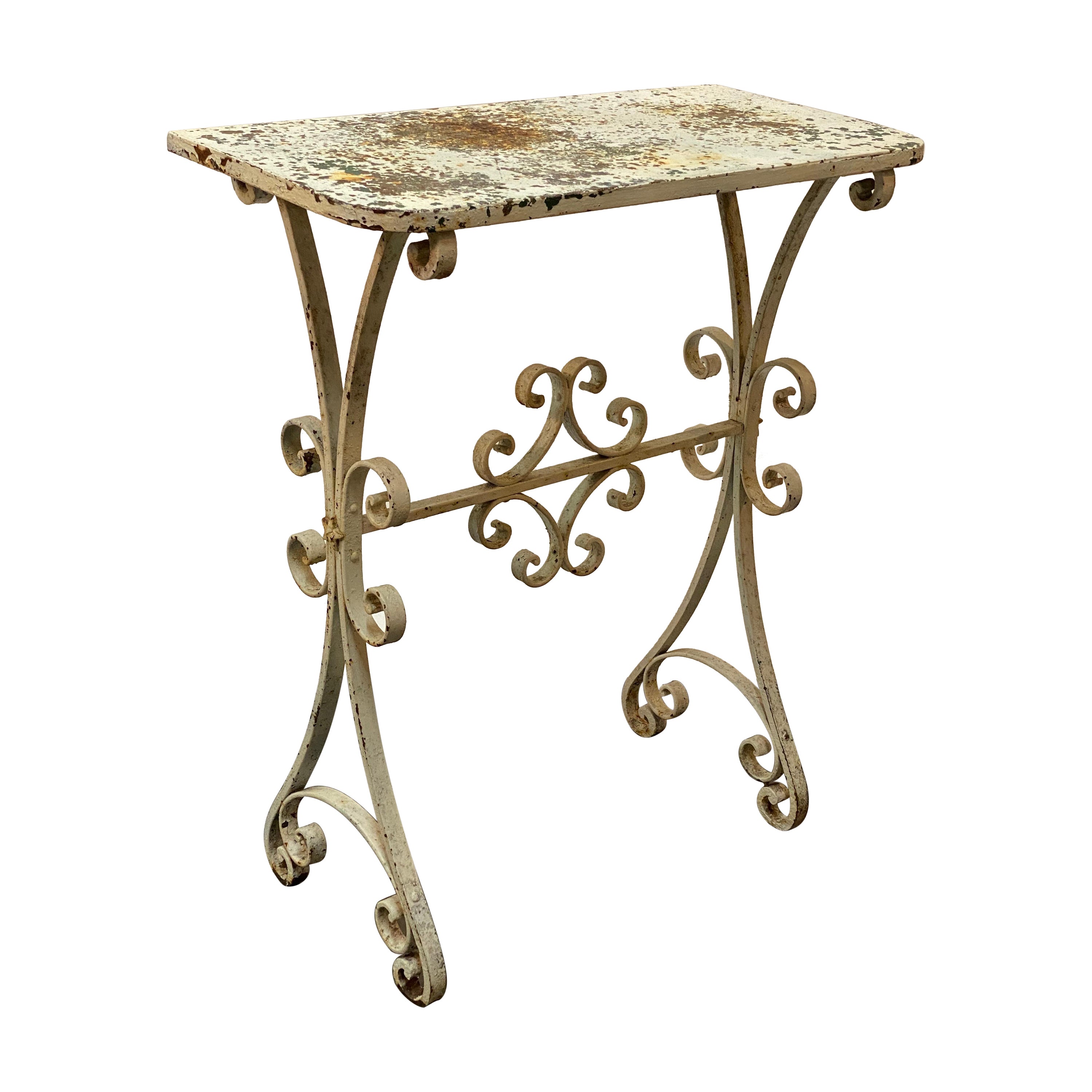 Table console en fer forgé usé par les intempéries à motif de volutes et d'étoiles en vente