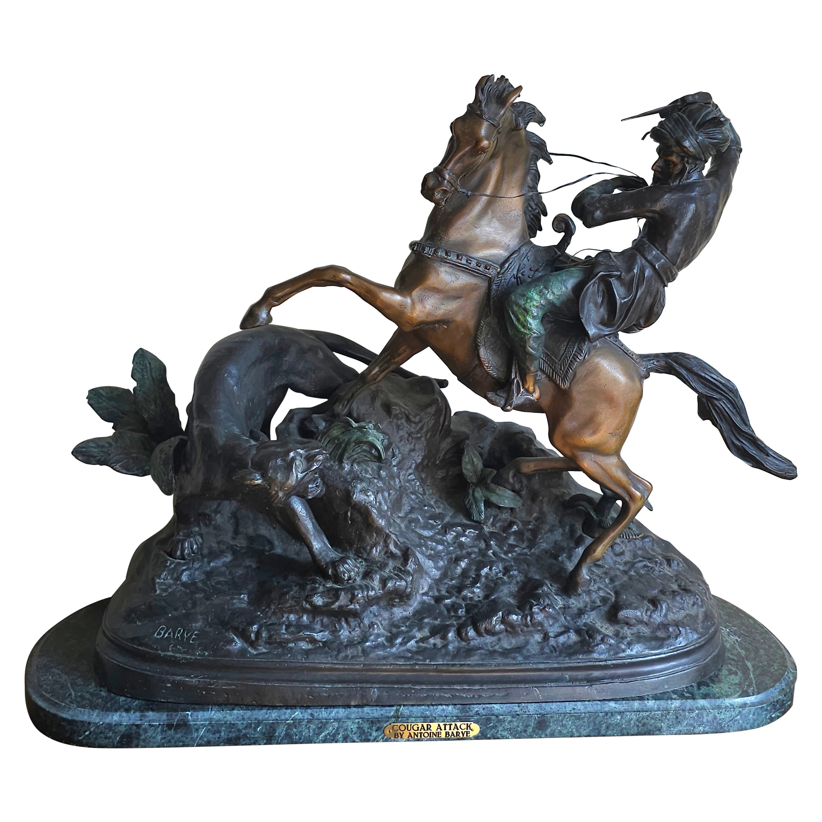 Antoine-Louis Barye (francese, 1796 - 1875), Attacco del puma, bronzo fuso su marmo