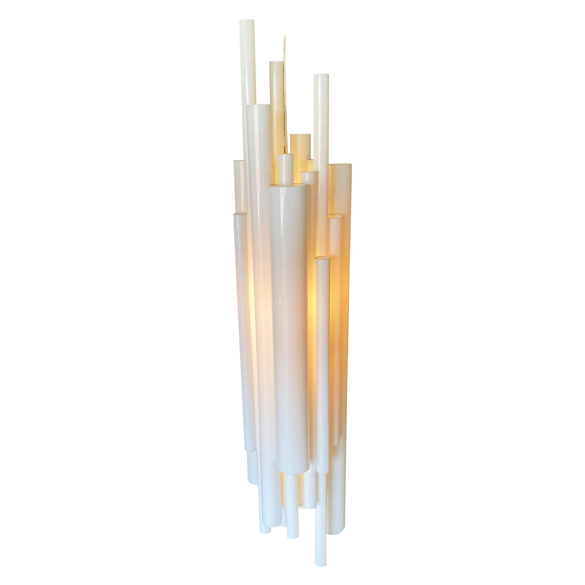 Modernist White Lucite Stacked Tube Chandelier by Rougier, Circa 1970s For Sale