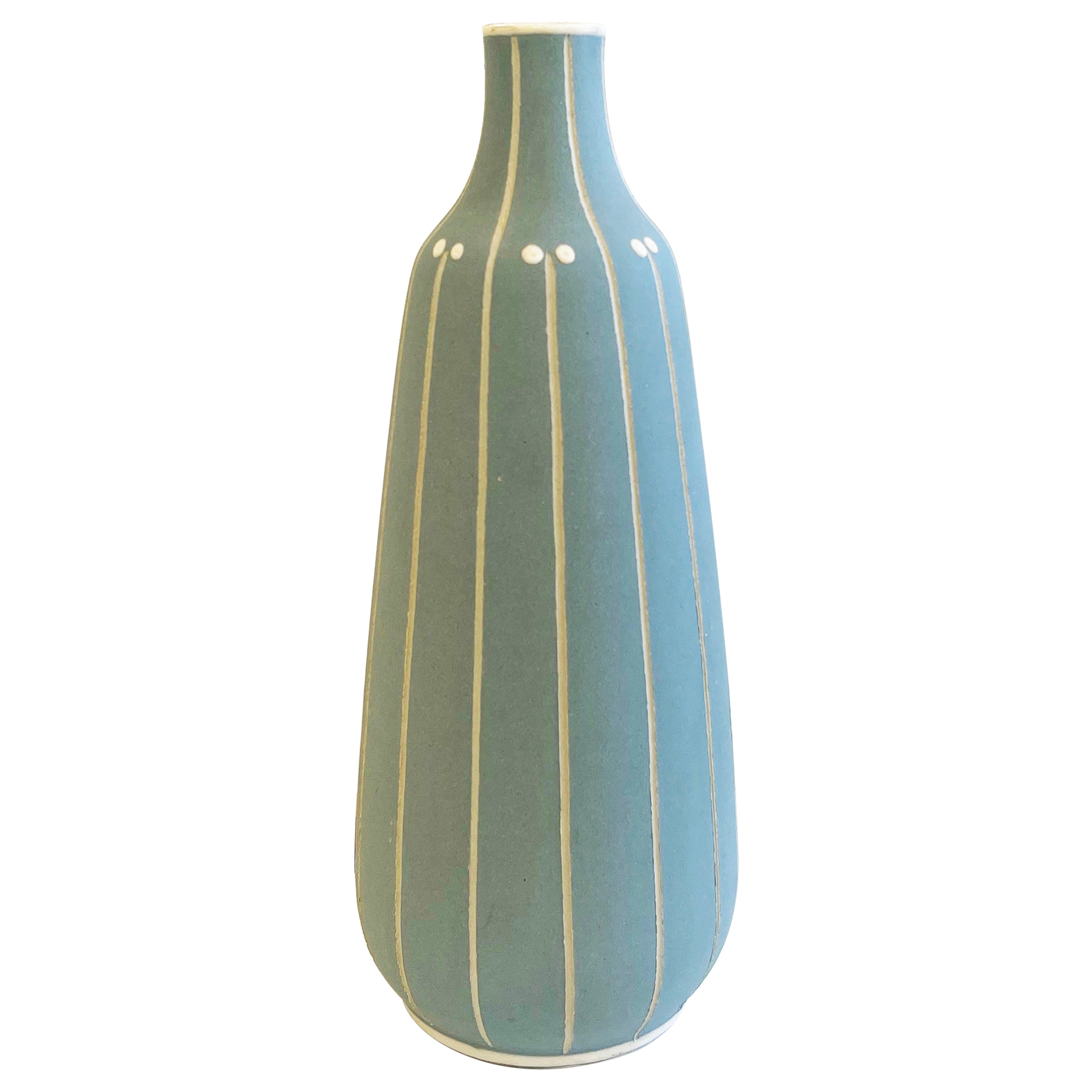 Art Deco Vase by Carl Fischer Incised Decor, Pastel Turquoise, 1920's, Germany For Sale