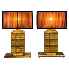 Used Pair of Yellow and Green Murano Glass Table Lamps with our Lampshades 1970s