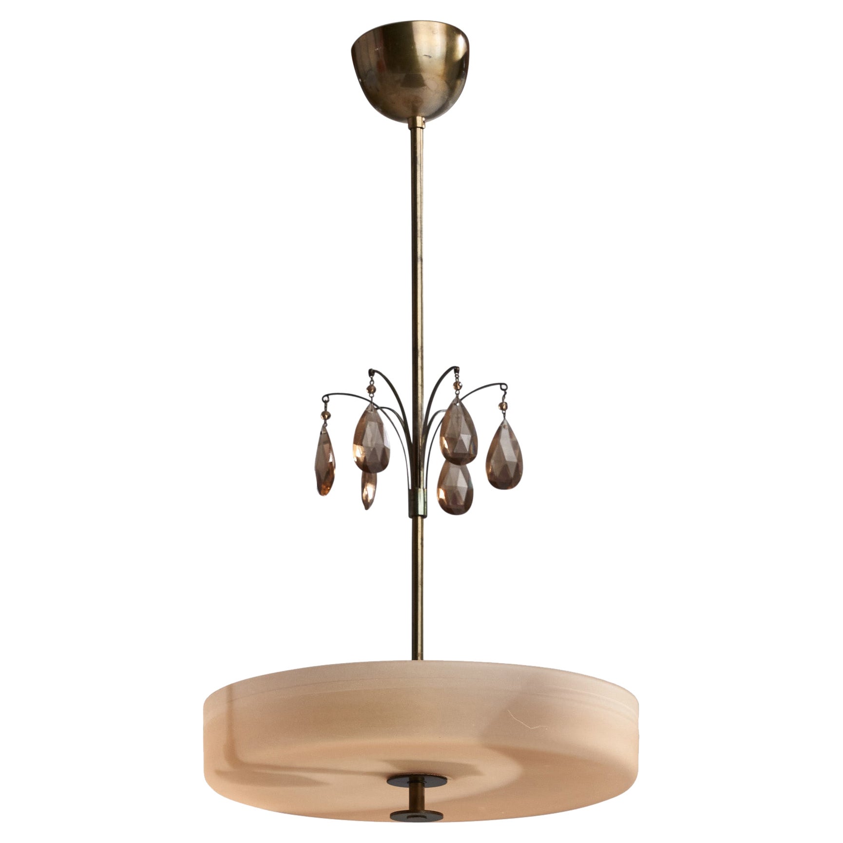 Swedish Designer, Pendant Light, Brass, Glass, Sweden, 1930s For Sale