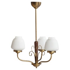 Swedish Designer, Chandelier, Brass, Walnut, Glass, Sweden, 1940s