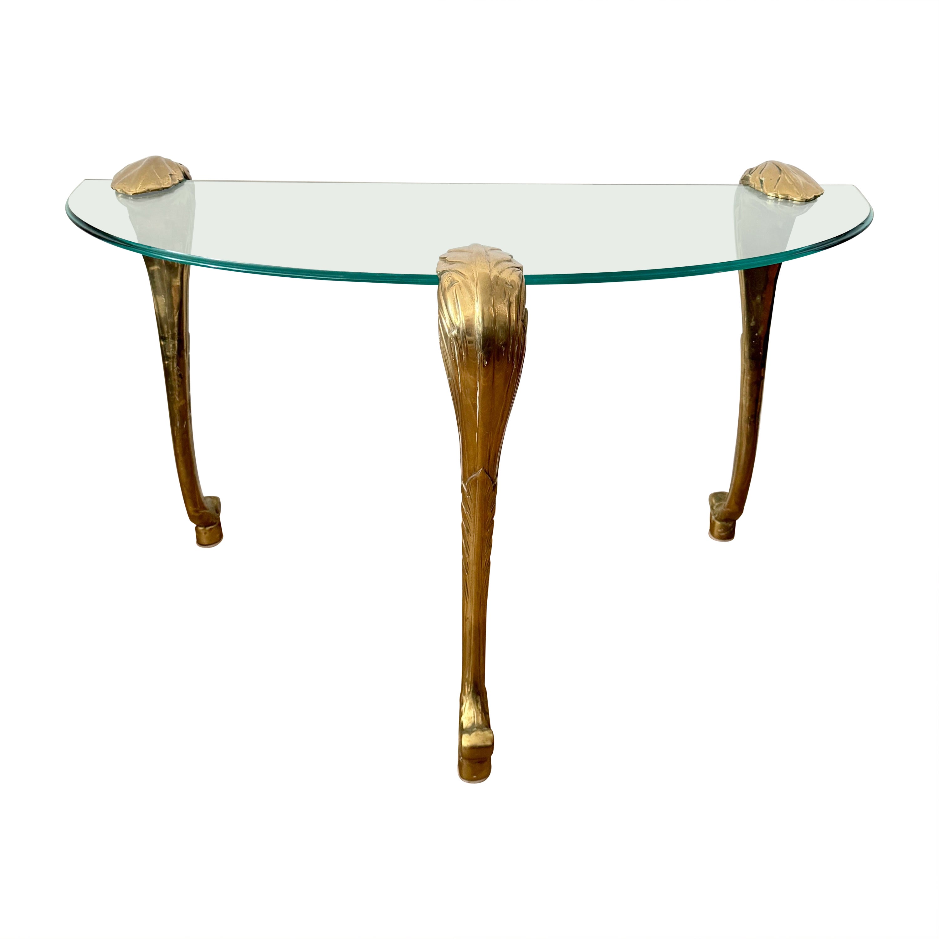 1970s Brass Glit and Half Moon Glass Console Table in the Style of p.e. Guerin