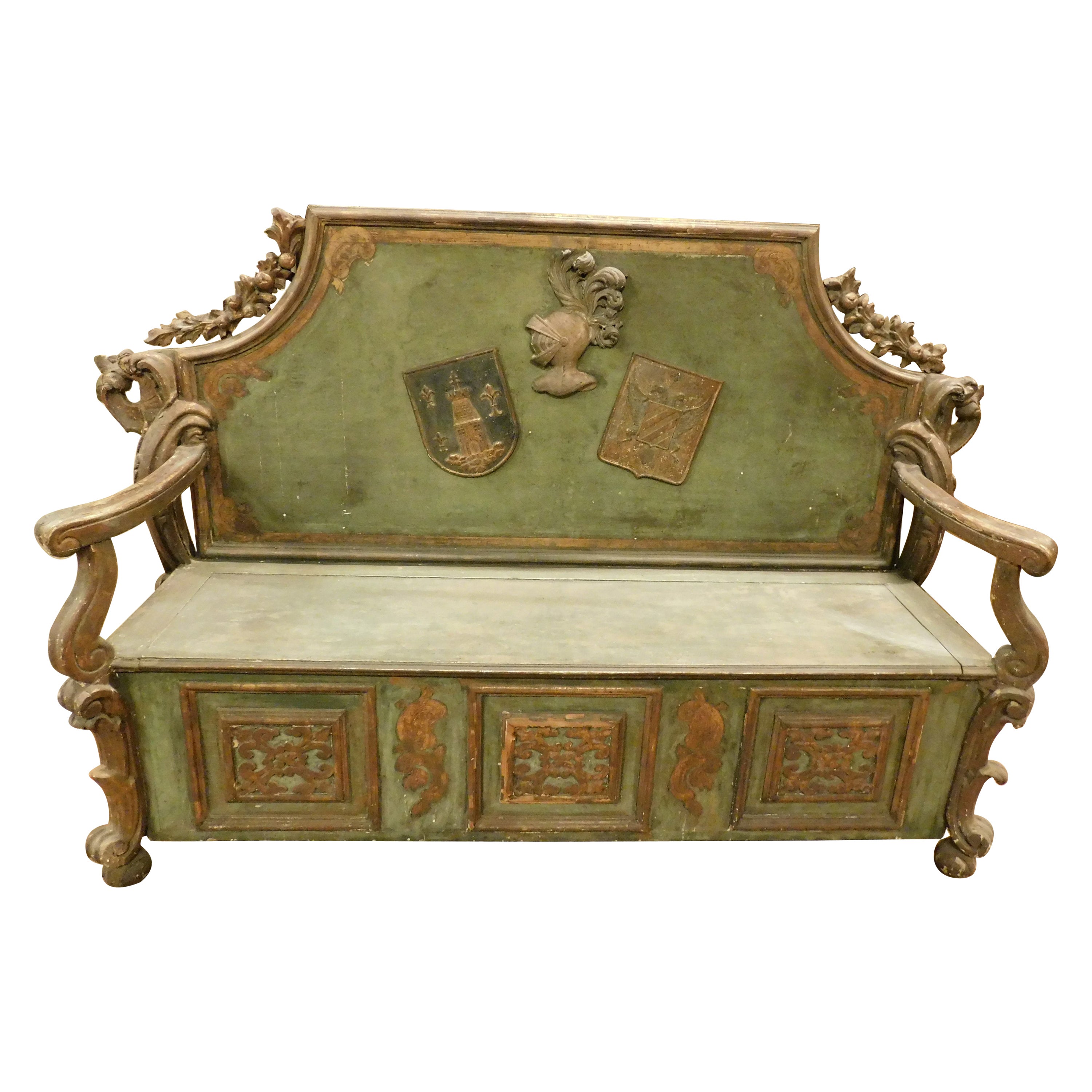 old Carved and lacquered chest, heraldic symbols and coats of arms, Italy For Sale