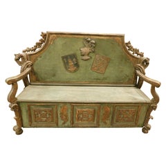 old Carved and lacquered chest, heraldic symbols and coats of arms, Italy