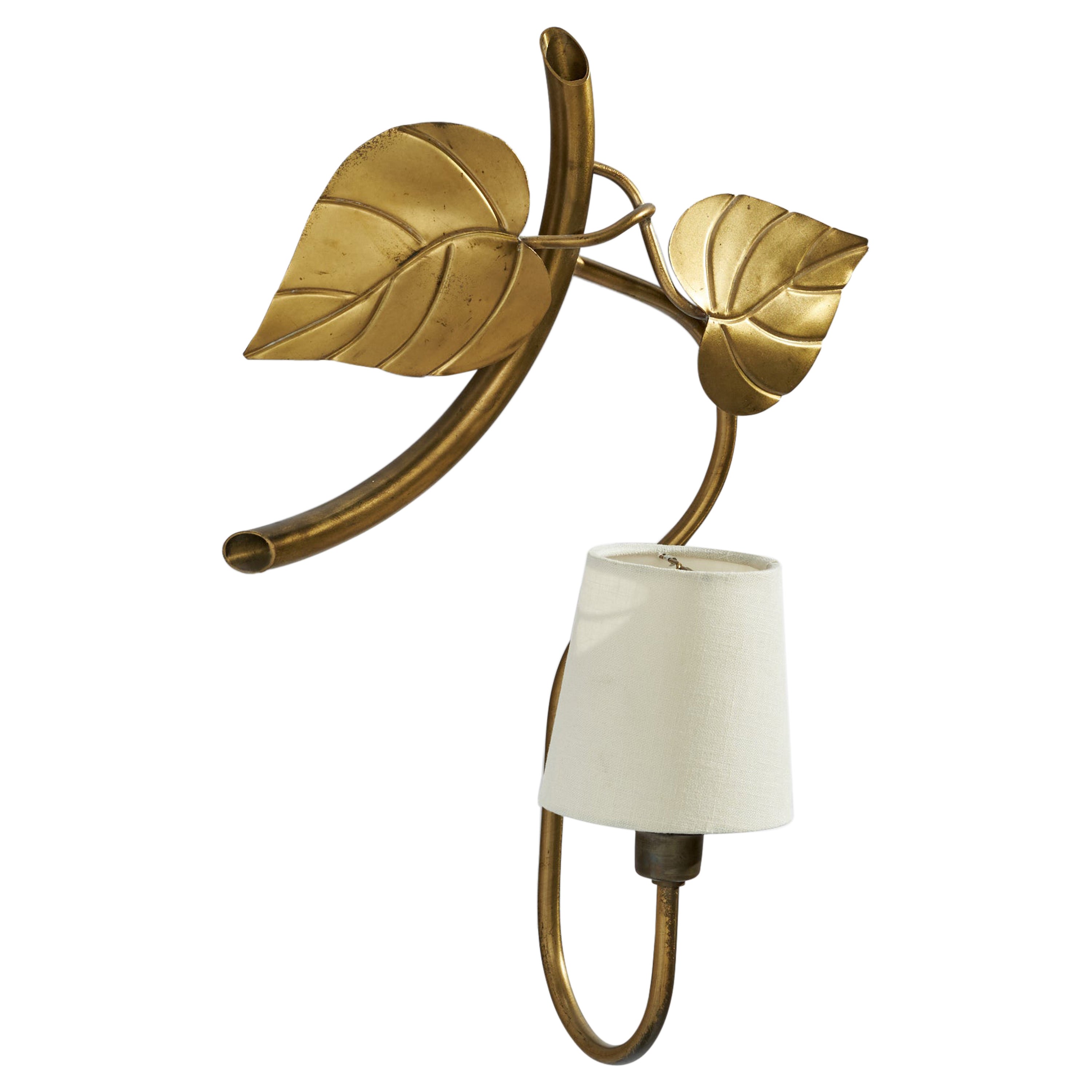 Swedish Designer, Wall Light, Brass, Fabric, Sweden, 1940s