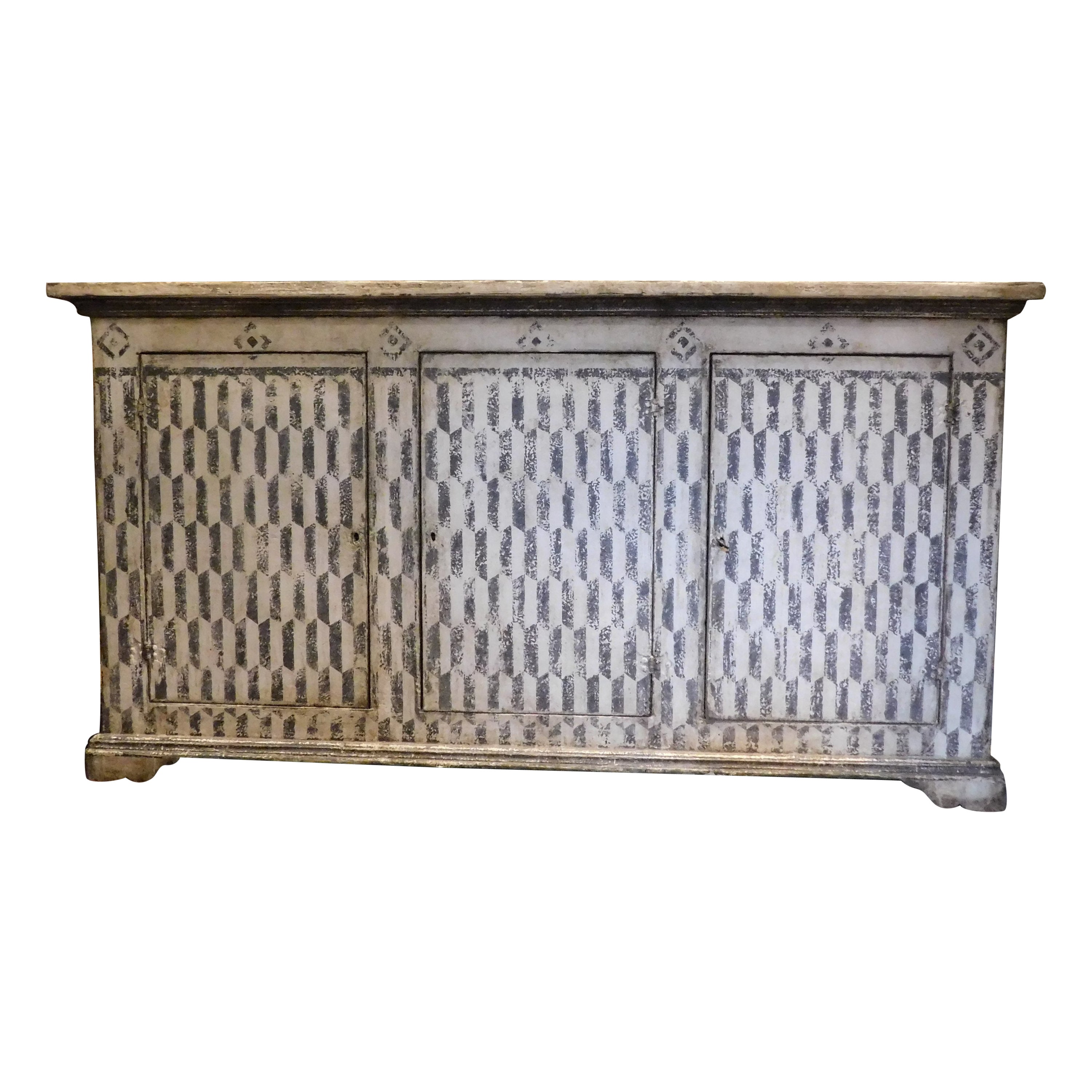 Buffet sideboard in lacquered wood from Tuscany, black and white texture, Italy For Sale