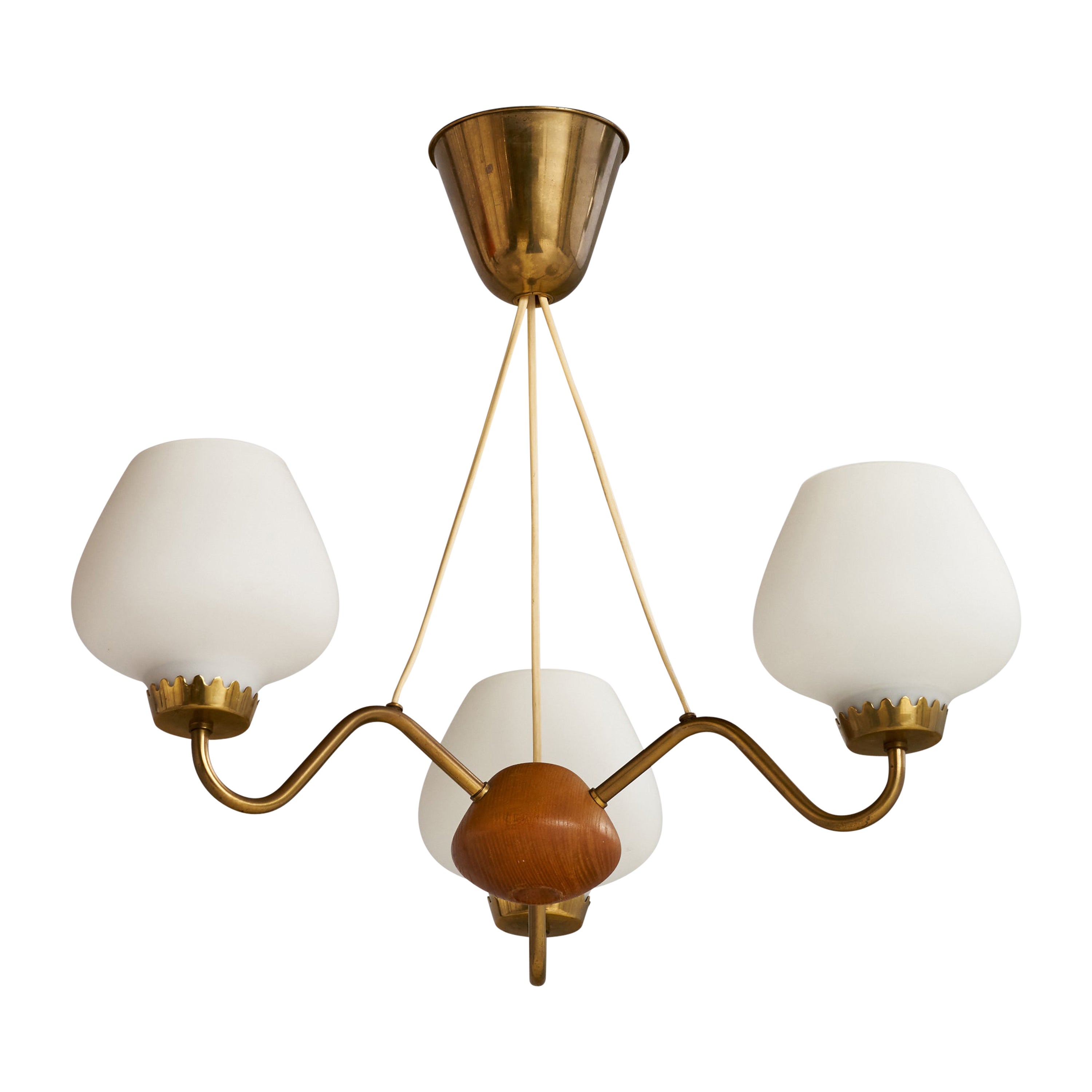 ASEA, Chandelier, Brass, Oak, Glass, Sweden, 1940s For Sale