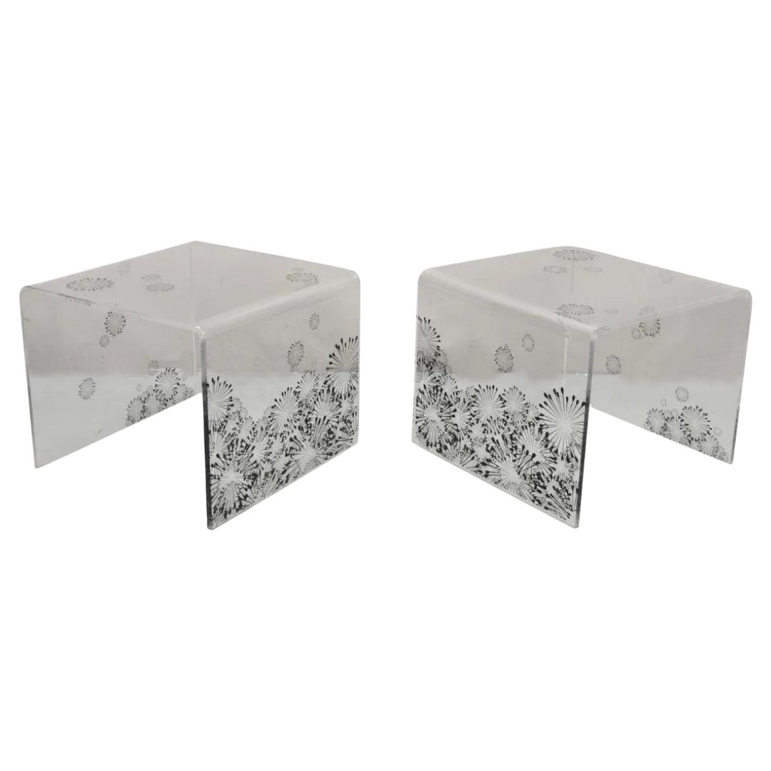Mid Century Modern Lucite Acrylic Sunflower Fireworks Low Waterfall End Tables For Sale