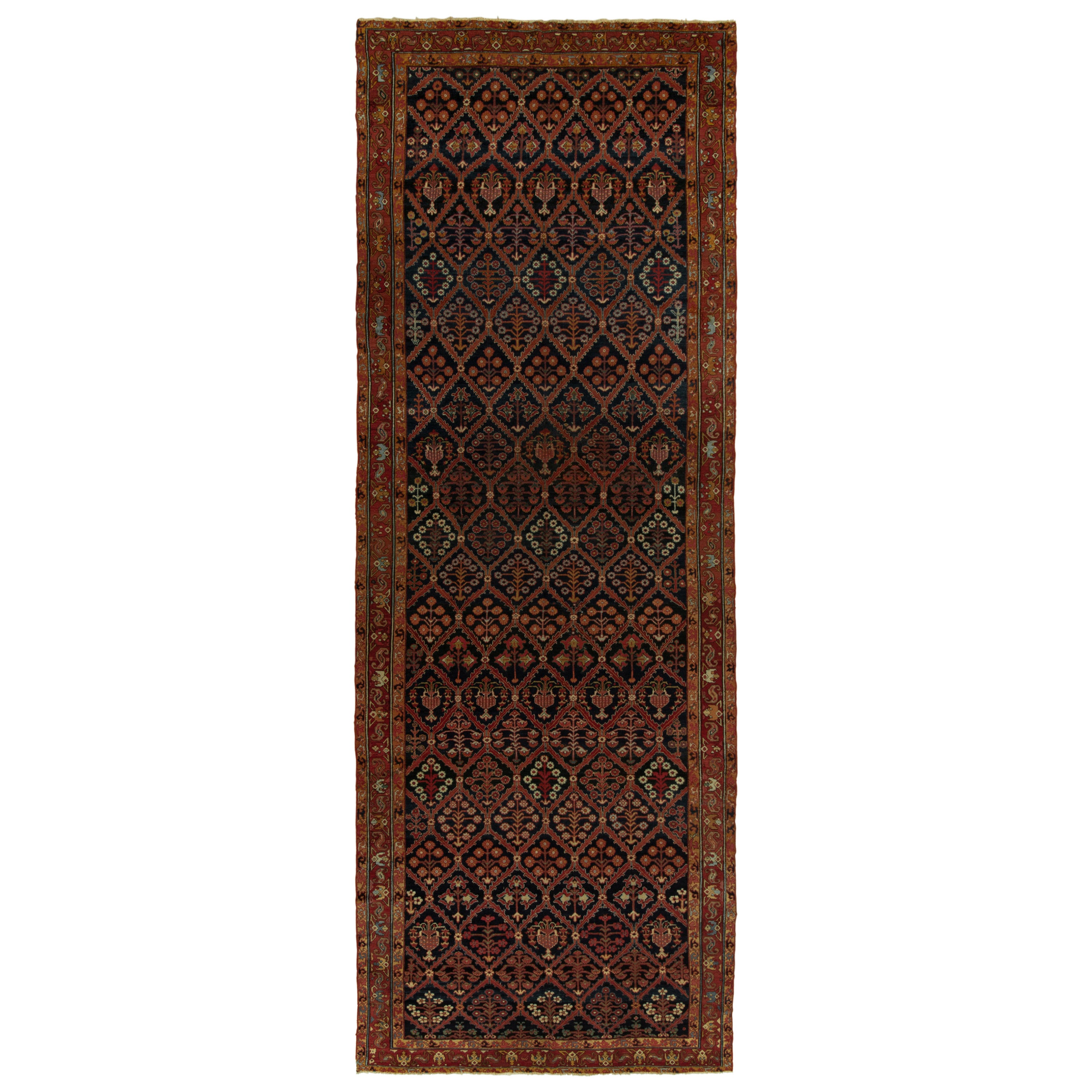 Rare Antique Persian Joshaghan rug in Red, Black & Golden-Brown Floral Patterns For Sale