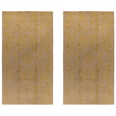 Antique Arraiolos Needlepoint Rug in Beige & Gold Floral Pattern - Pair