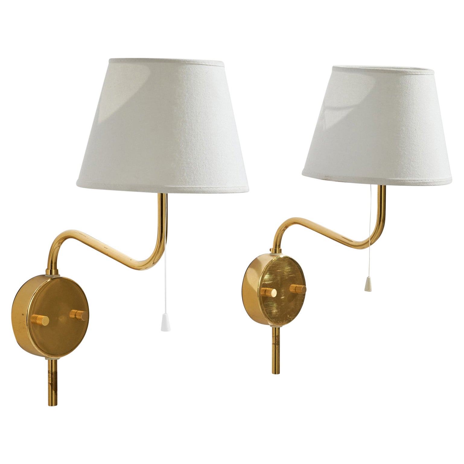 Bergboms, Wall Lights, Brass, Fabric, Sweden, 1980s. For Sale