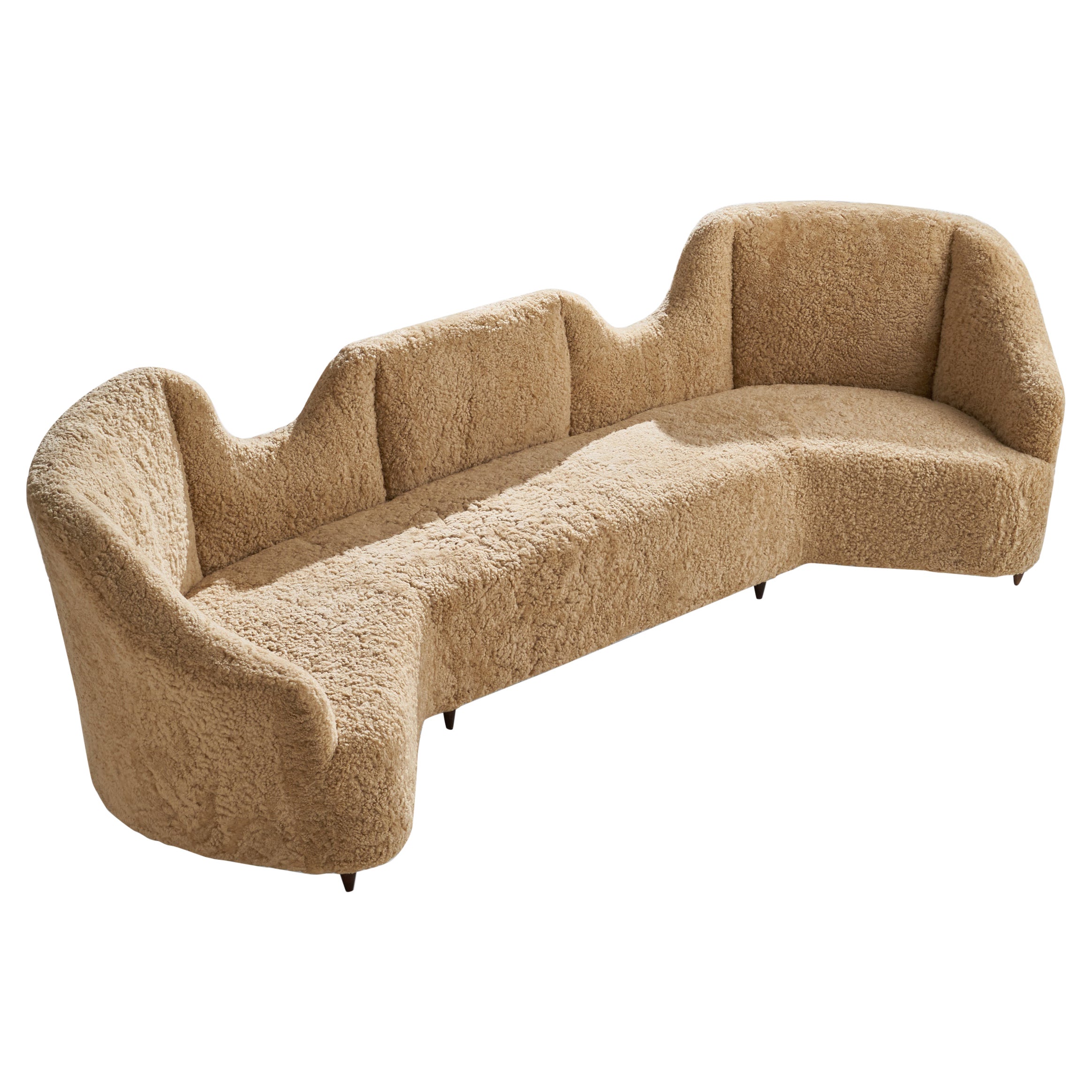 Renzo Zavanella Attribution, Large Sofa, Shearling, Wood, Italy, 1940s. For Sale