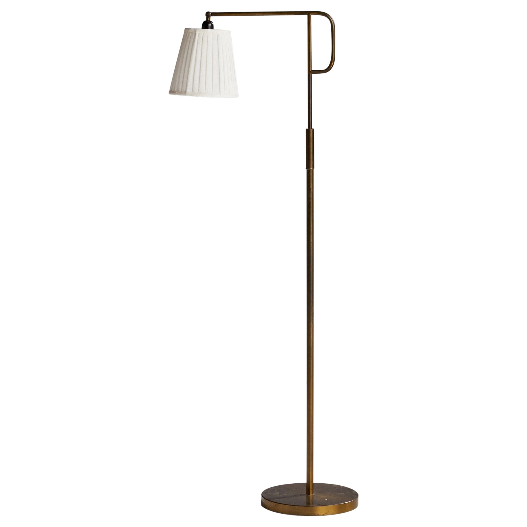 Swedish Designer, Floor Lamp, Brass, Fabric, Sweden, 1940s