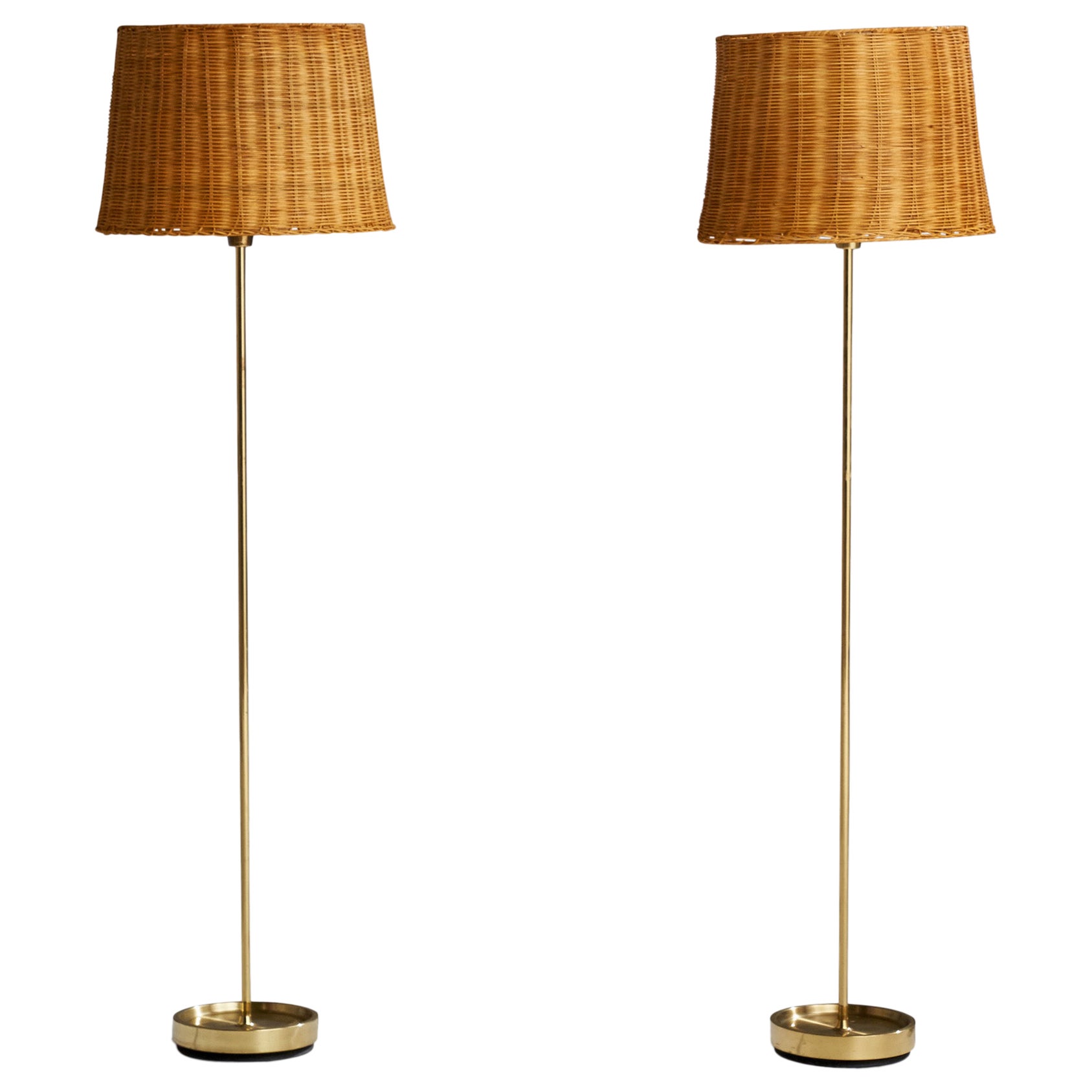 Fagerhults Belysning, Floor Lamps, Brass, Rattan, Sweden, 1960s For Sale
