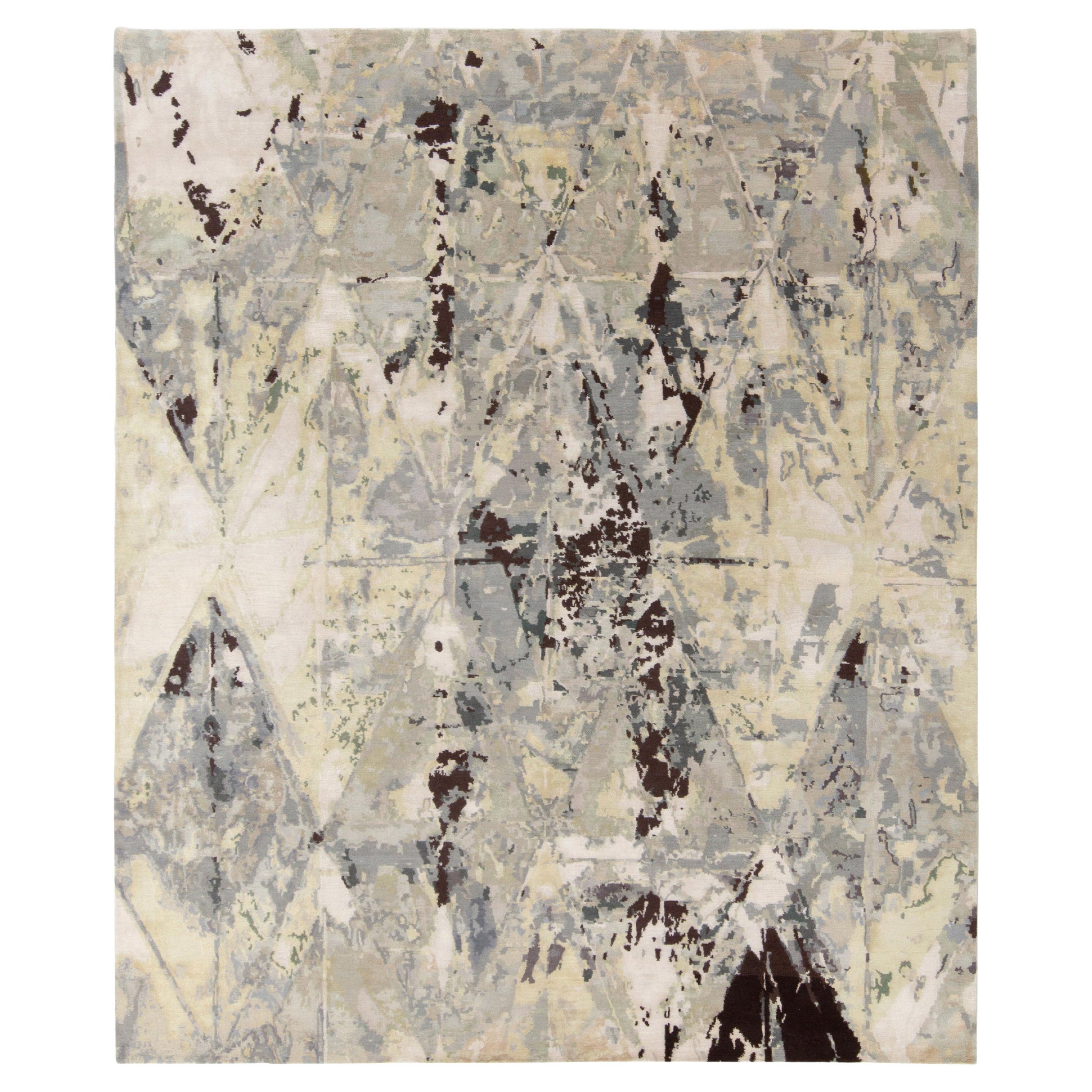 Rug & Kilim's handgeknüpfter abstrakter Kunstteppich in Grau und Weiß mit malerischen Mustern im Angebot