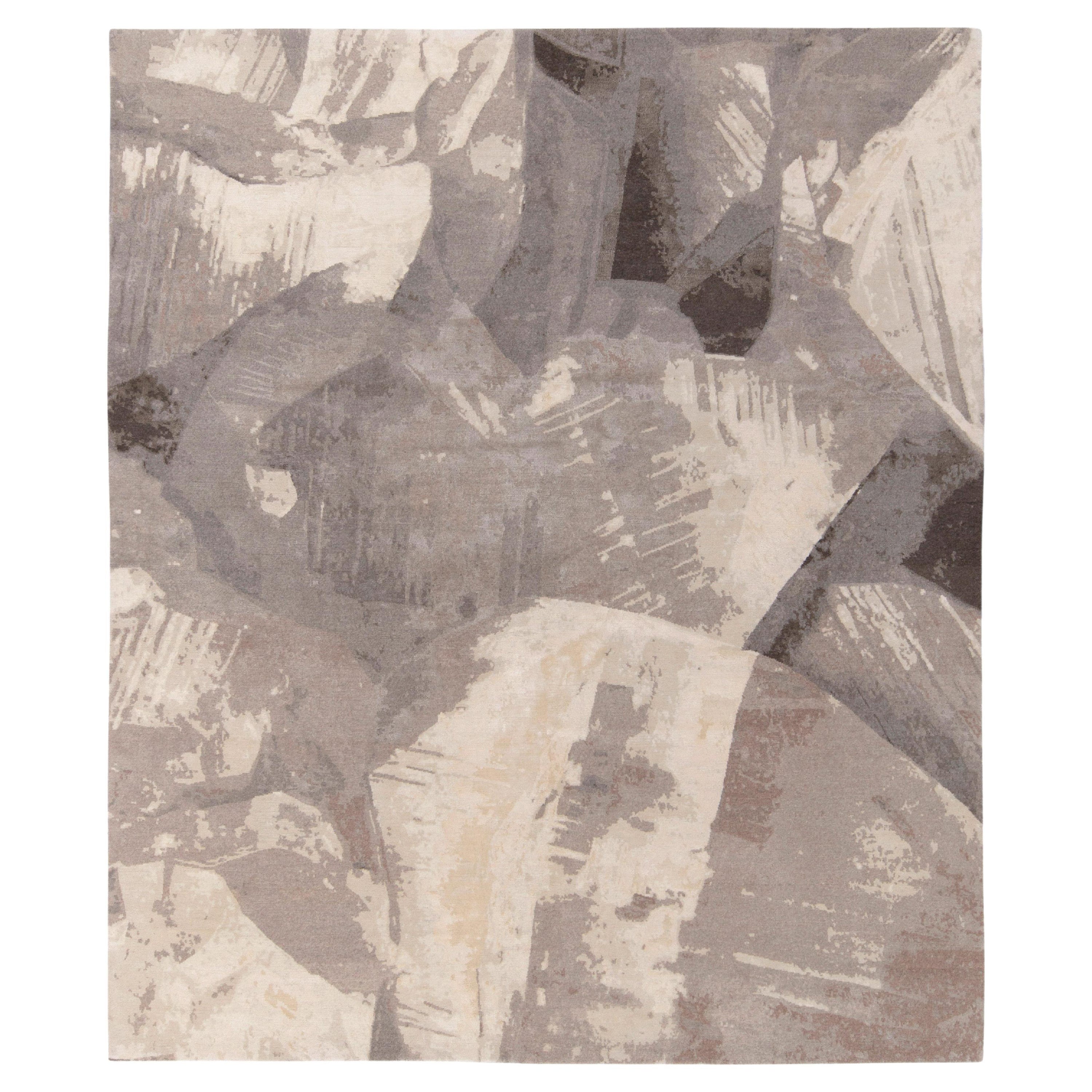Rug & Kilim's handgeknüpfter abstrakter Teppich in Beige, graues Pinselstrich-Muster im Angebot