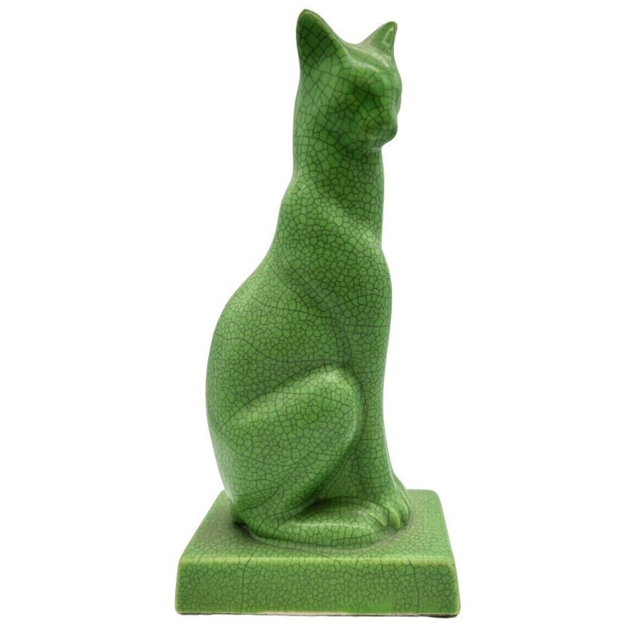 Egyptian Revival Art Deco Green Ceramic Bastet Cat For Sale