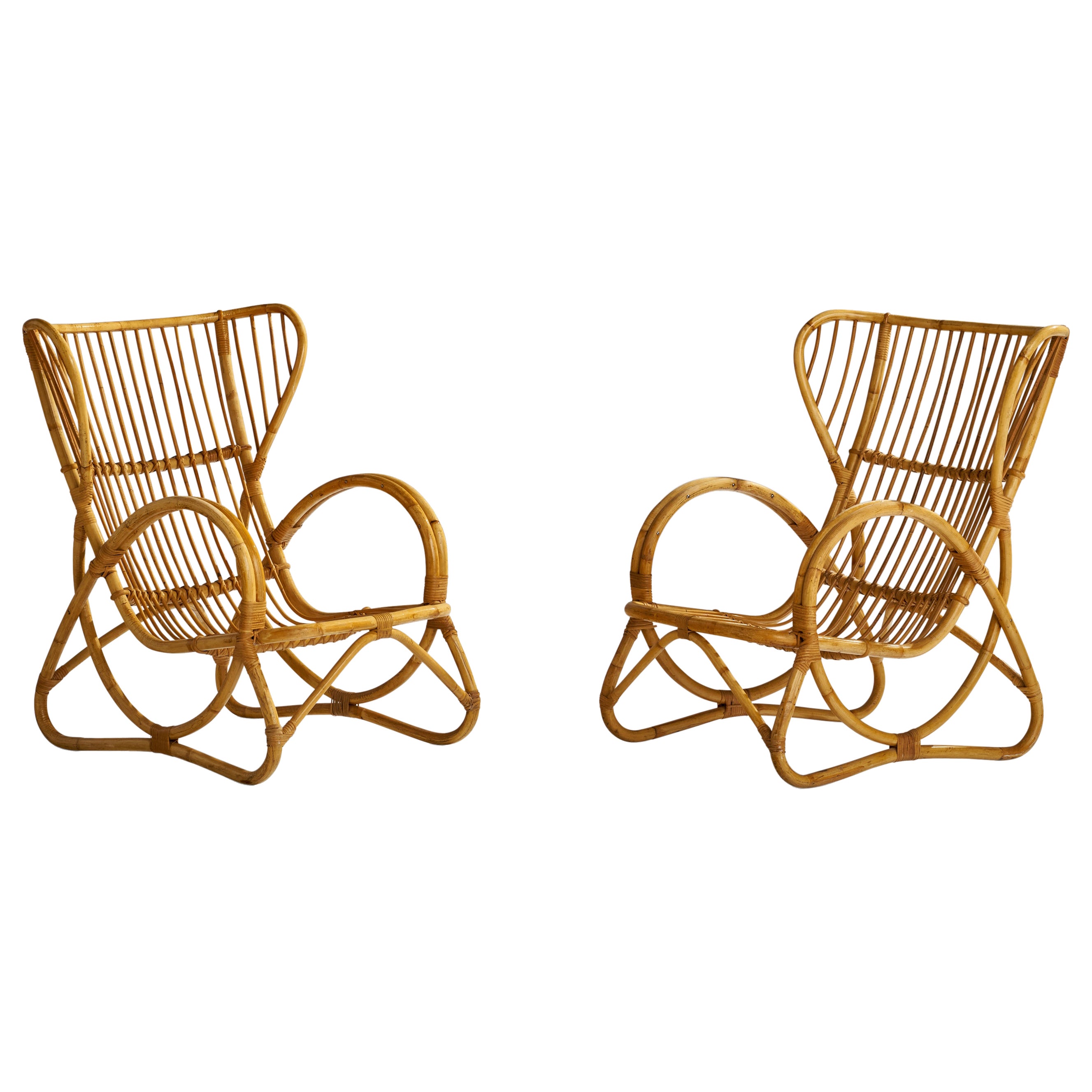 Swedish Designer, Lounge Chairs, Bamboo, Rattan, Sweden, 1950s For Sale