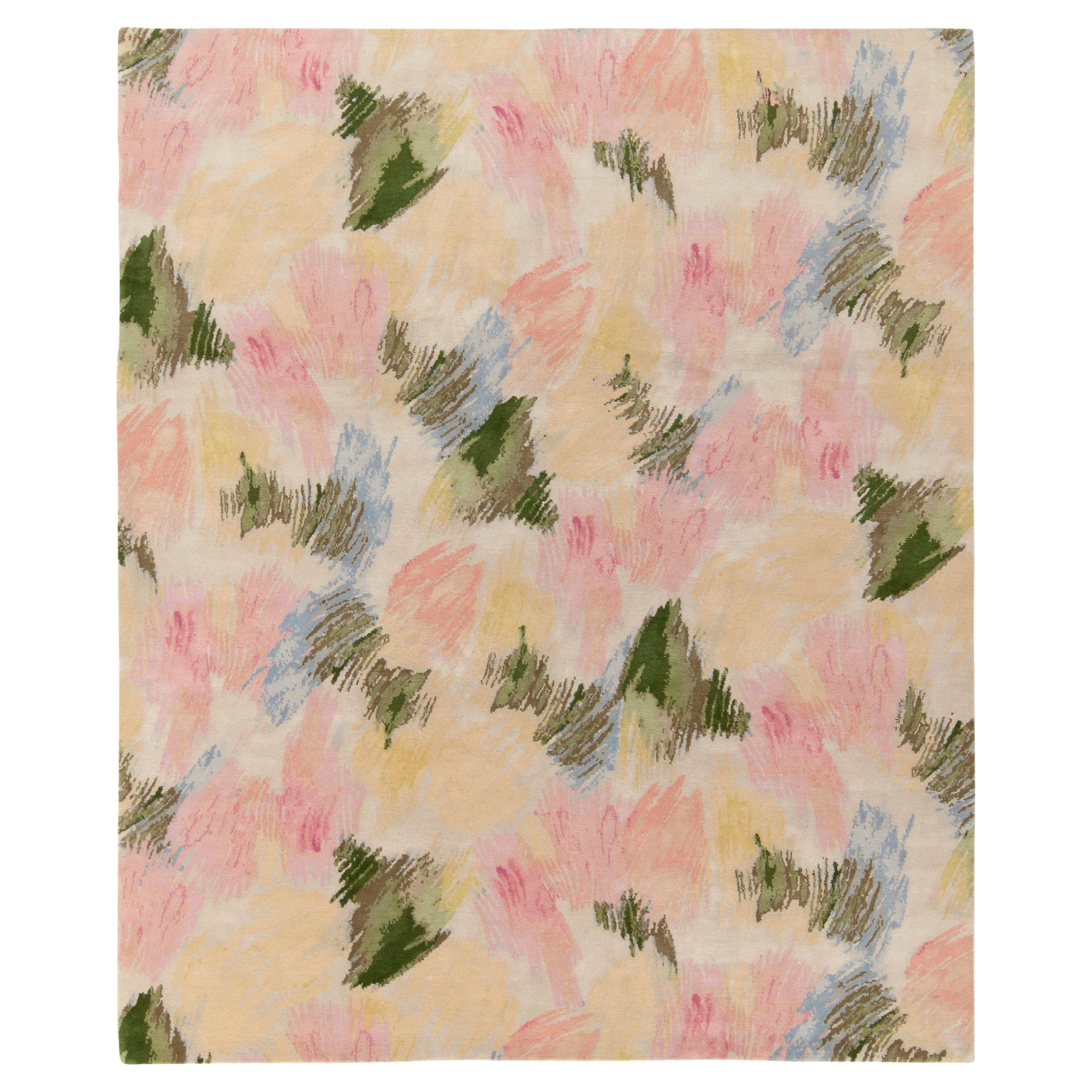 Rug & Kilim's Hand-Knotted Abstract Rug in Pink, Green Multicolor Pattern For Sale