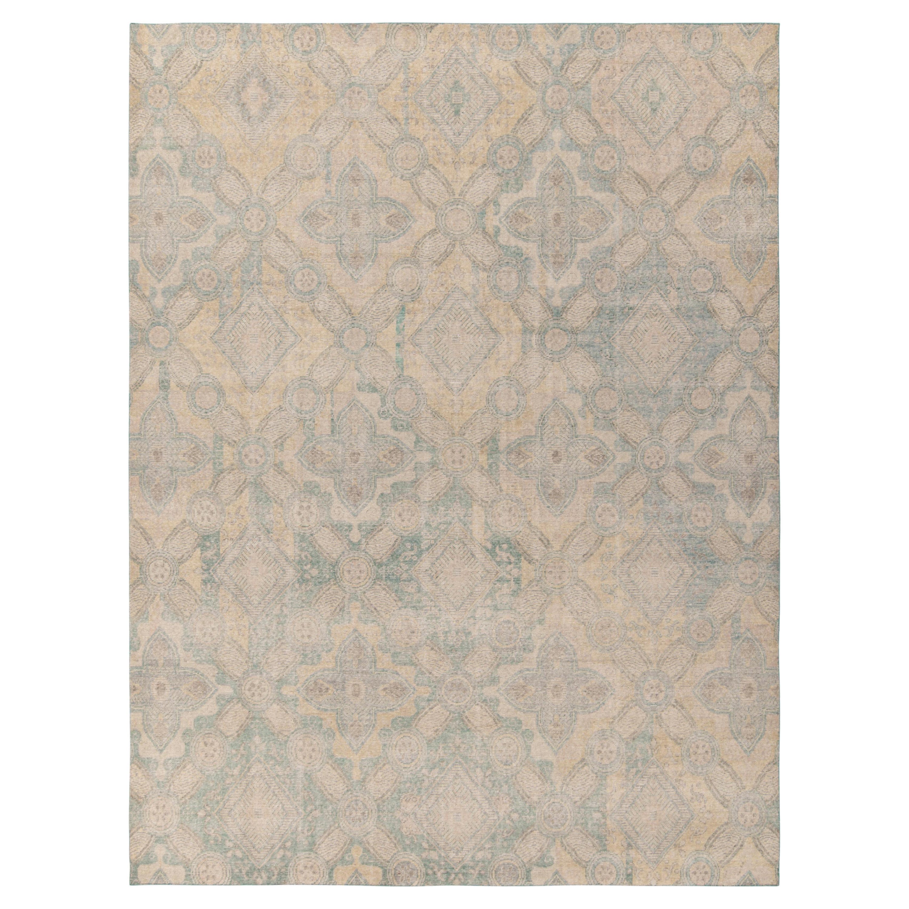 Rug & Kilim's Distressed Transitional Deco Style Rug, Cream, Blue Floral For Sale