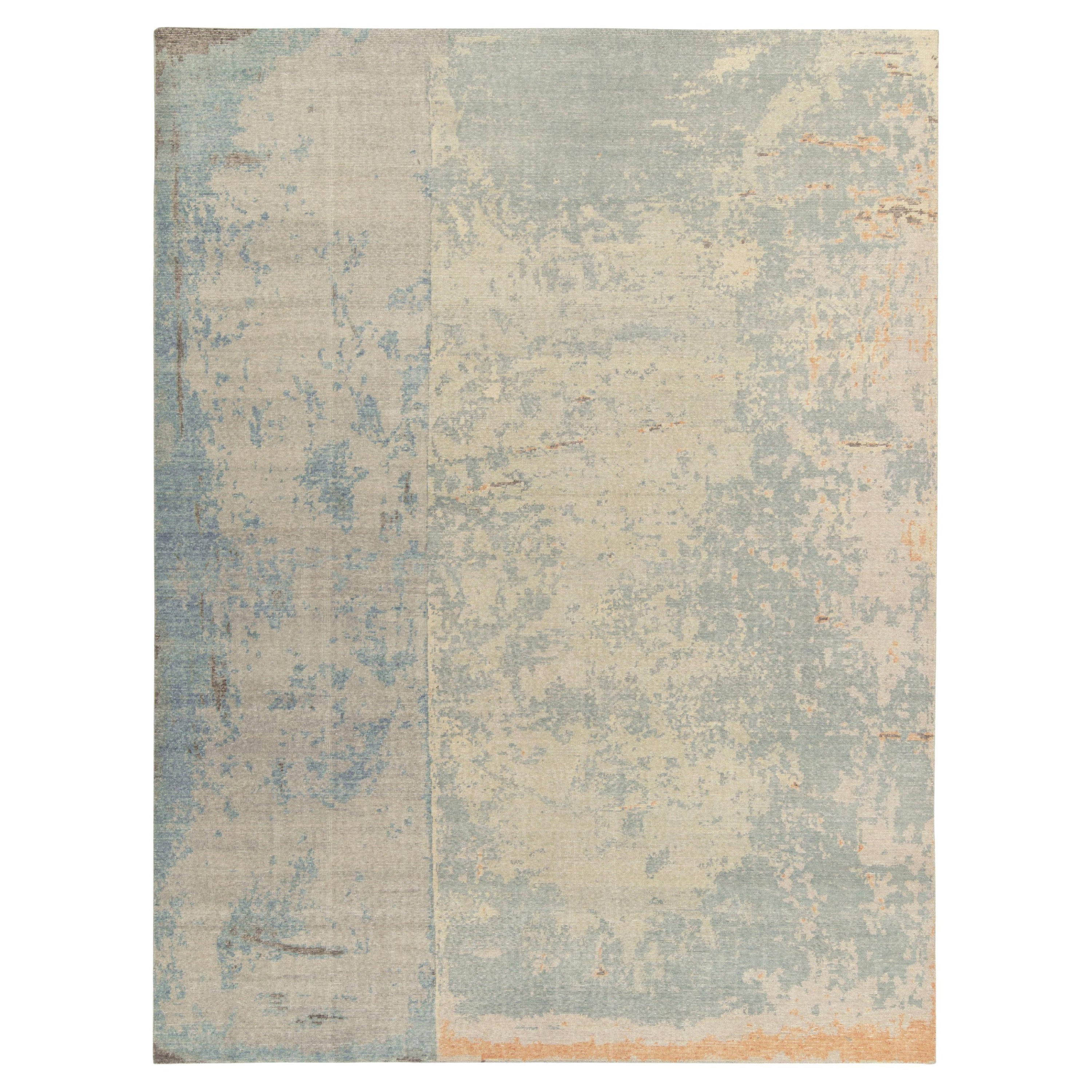 Rug & Kilim's Distressed Style Modern Rug in Blue, Gray, Beige Abstract Pattern For Sale