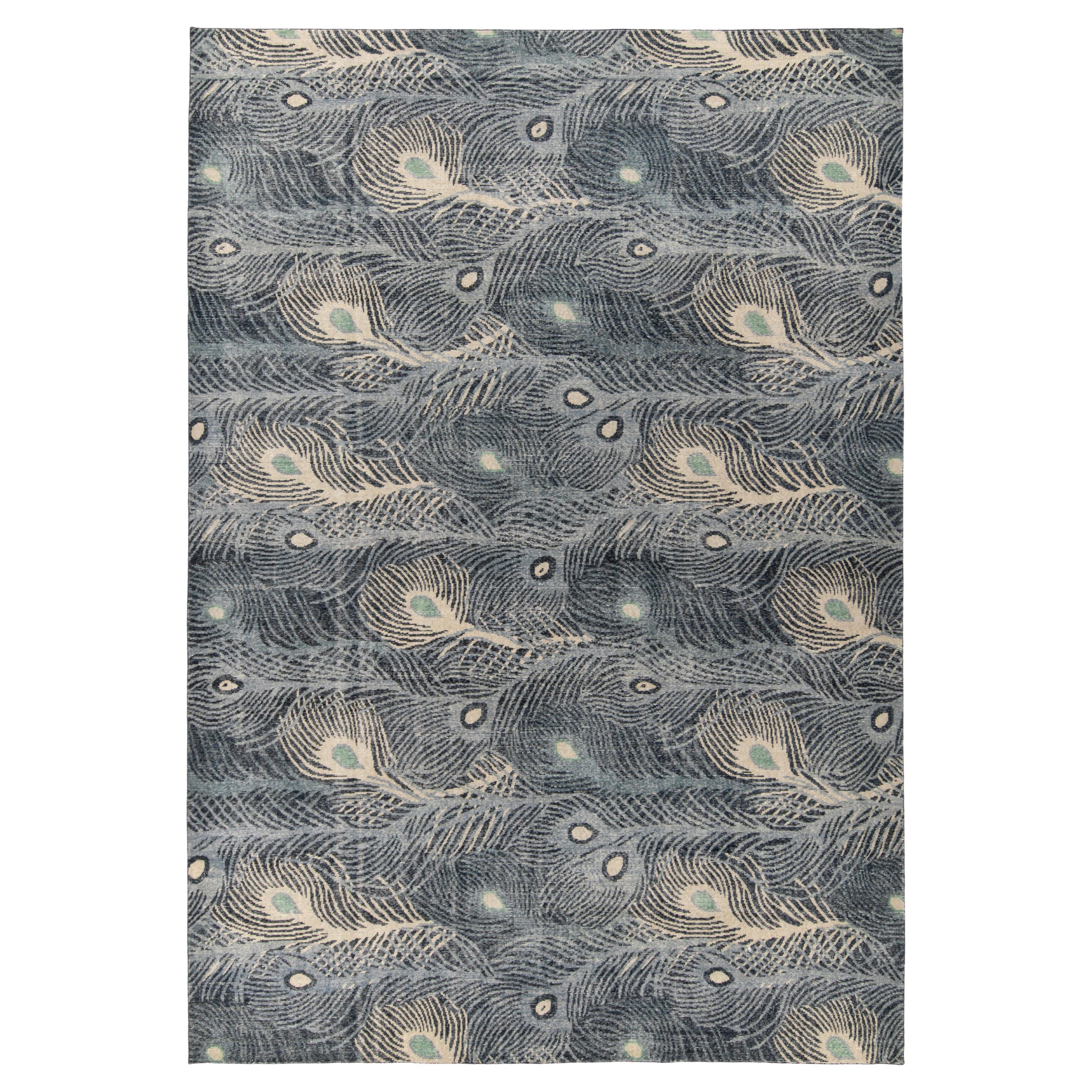Rug & Kilim's Distressed Art Nouveau Style Rug, Blue, White Feather Design For Sale