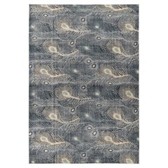 Rug & Kilim's Distressed Art Nouveau Style Rug, Blue, White Feather Design