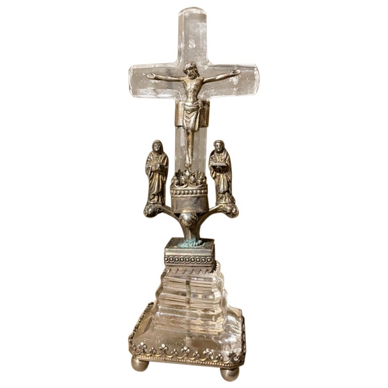 Crucifix baroque italien du XVIIIe siècle en argent et cristal de roche
