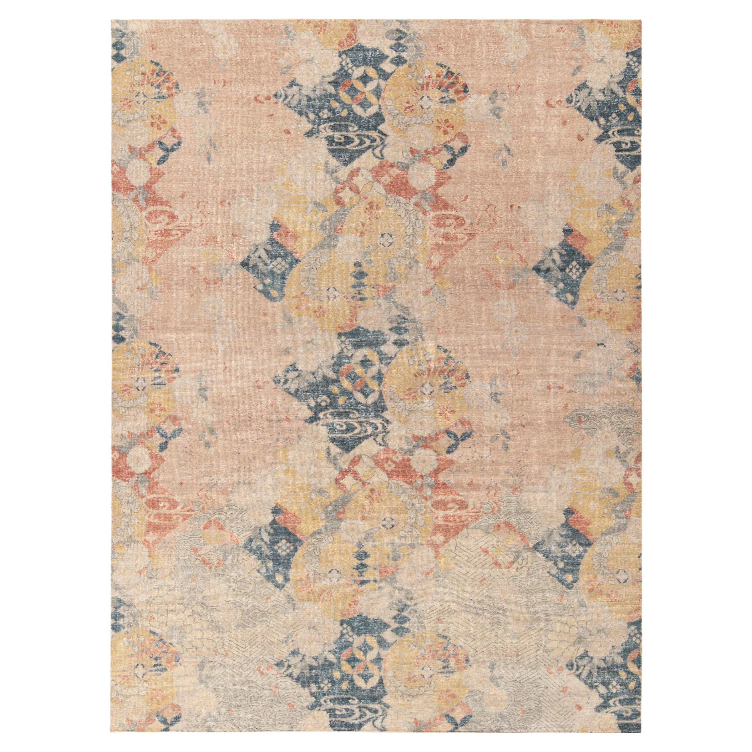 Rug & Kilim's Distressed Japanese Deco Style Rug in Blue, Pink All over Pattern For Sale