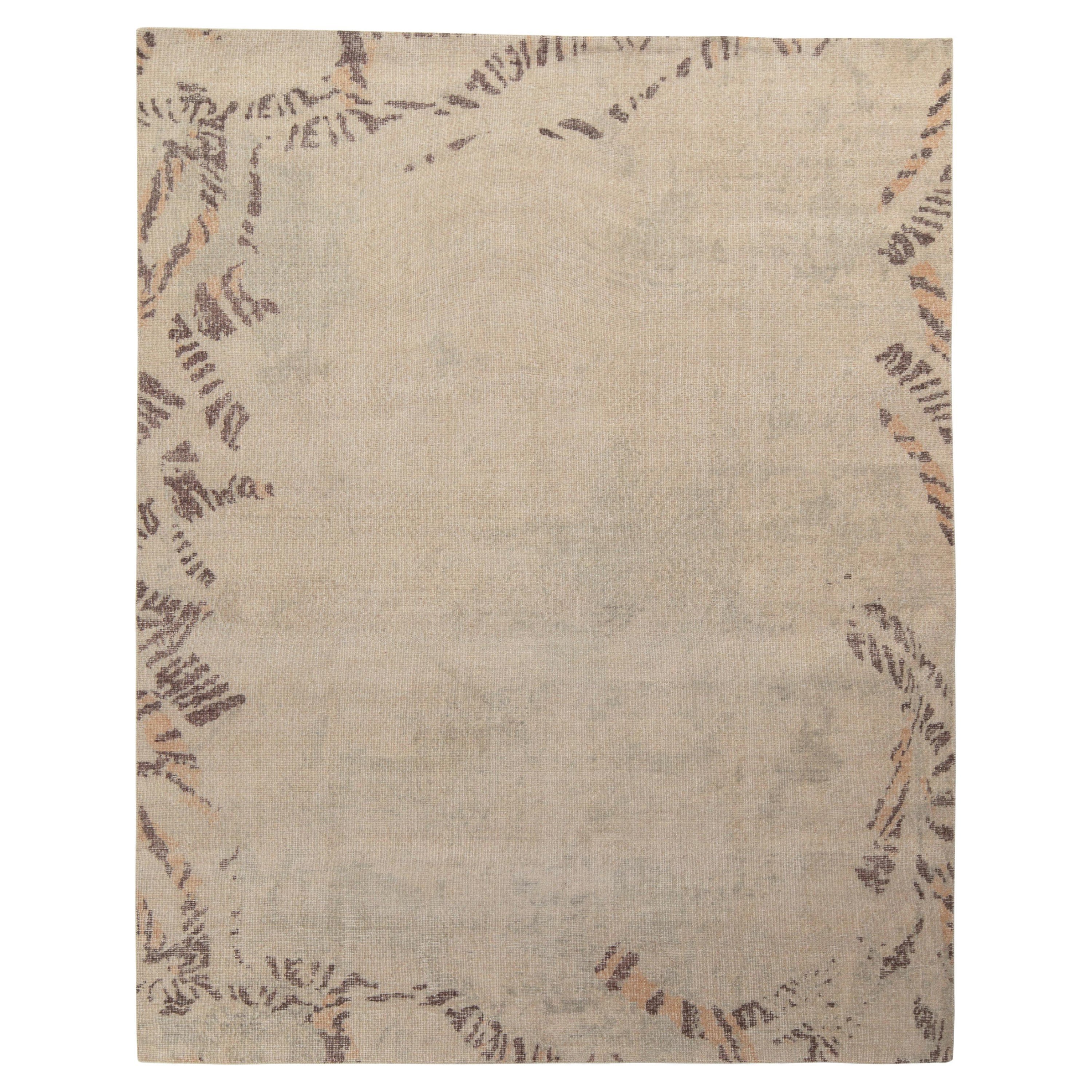 Rug & Kilim's Distressed Style Modern Rug in Cream, Brown, Golden Open Field For Sale