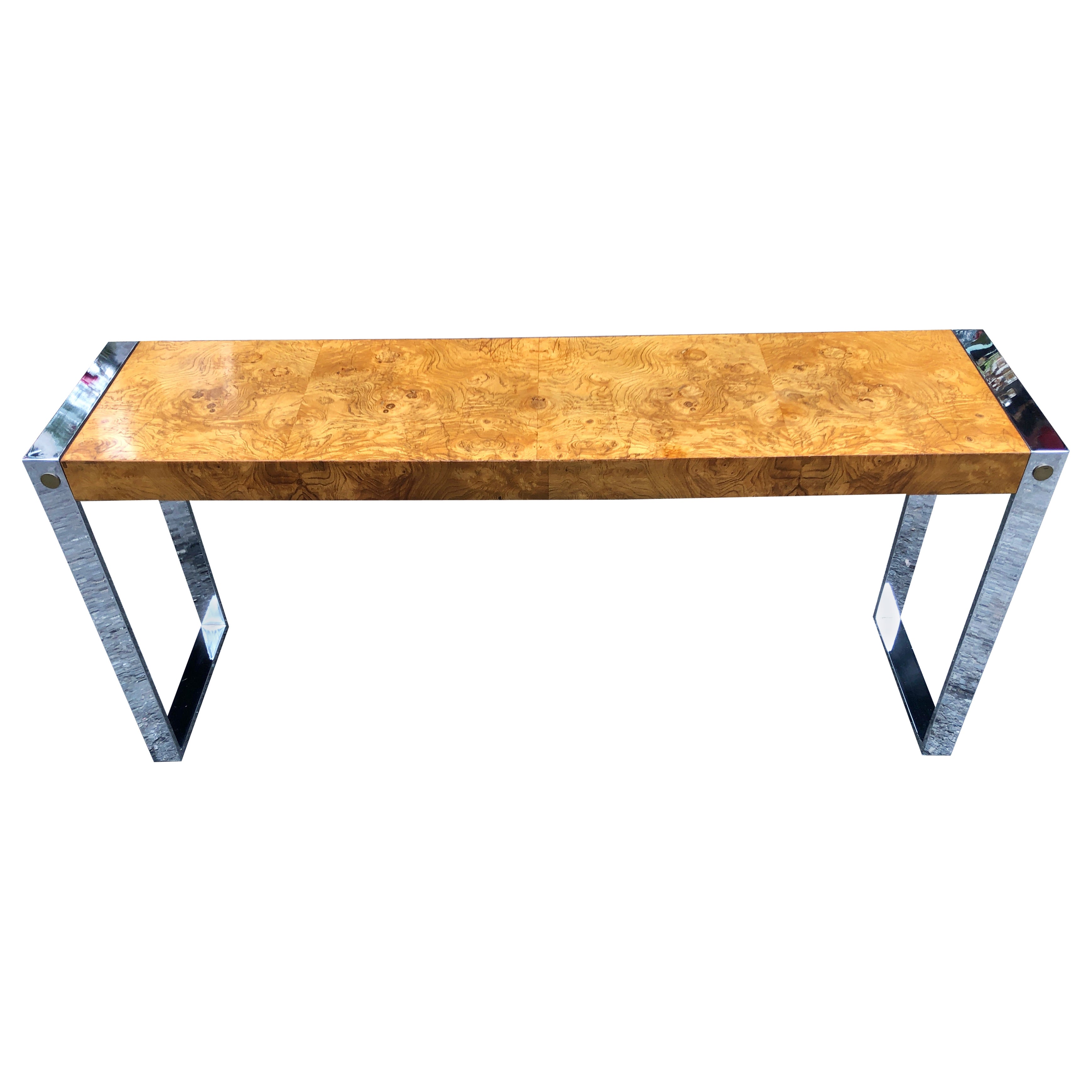 Superbe table console de style Milo Baughman en ronce d'olivier chromée du milieu du siècle dernier 
