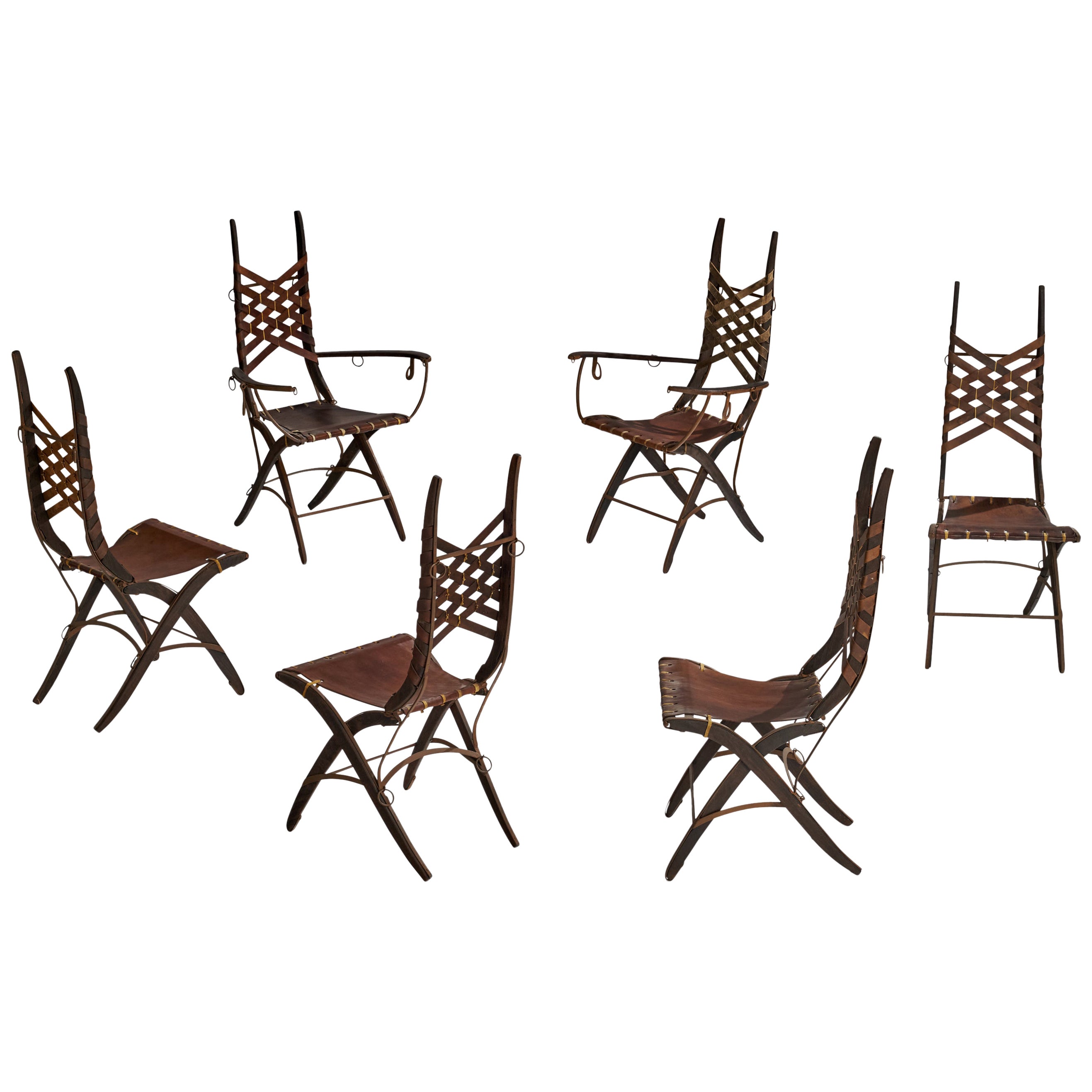 Alberto Marconetti, Dining Chairs, Iron, Oak, Leather, Italy, 1960s