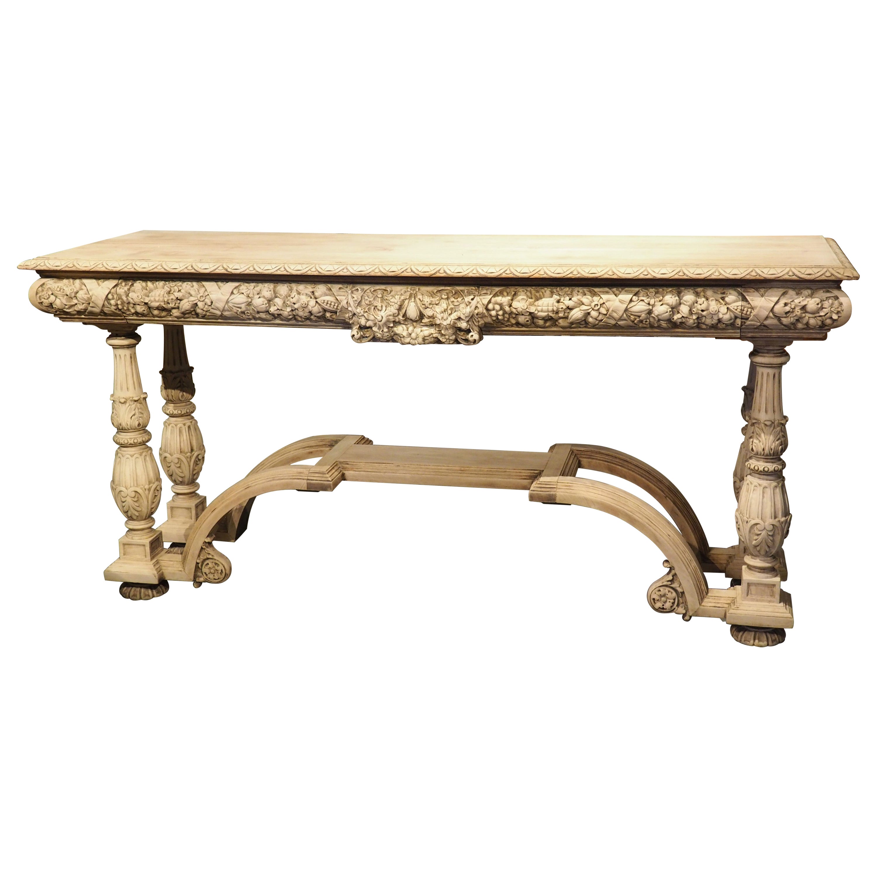 Table console ancienne en bois de noyer blanchi, fin des années 1800 en vente