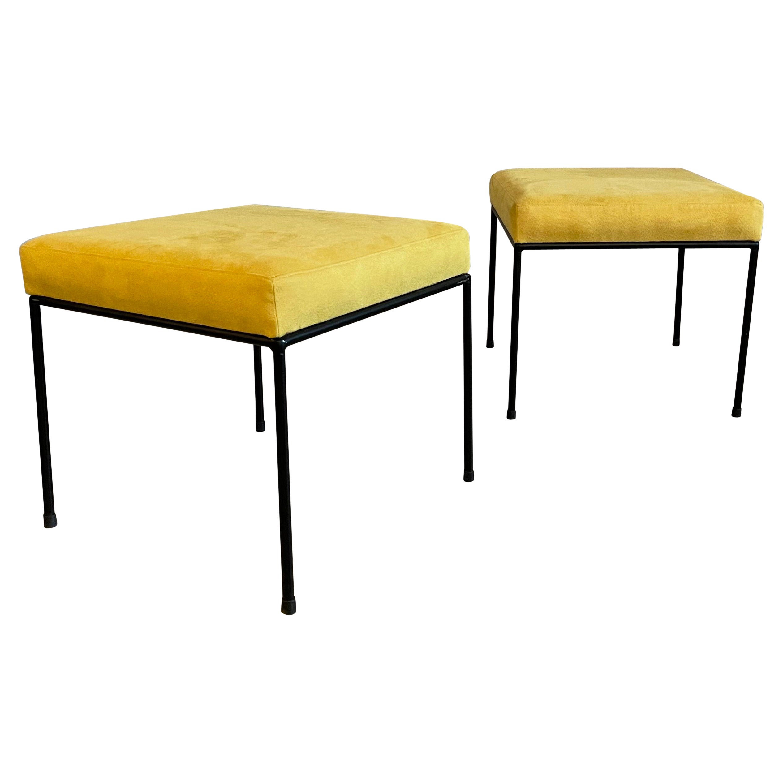 Minimal Mid-Century Modern Wrought Iron And Ultrasuede Ottomans