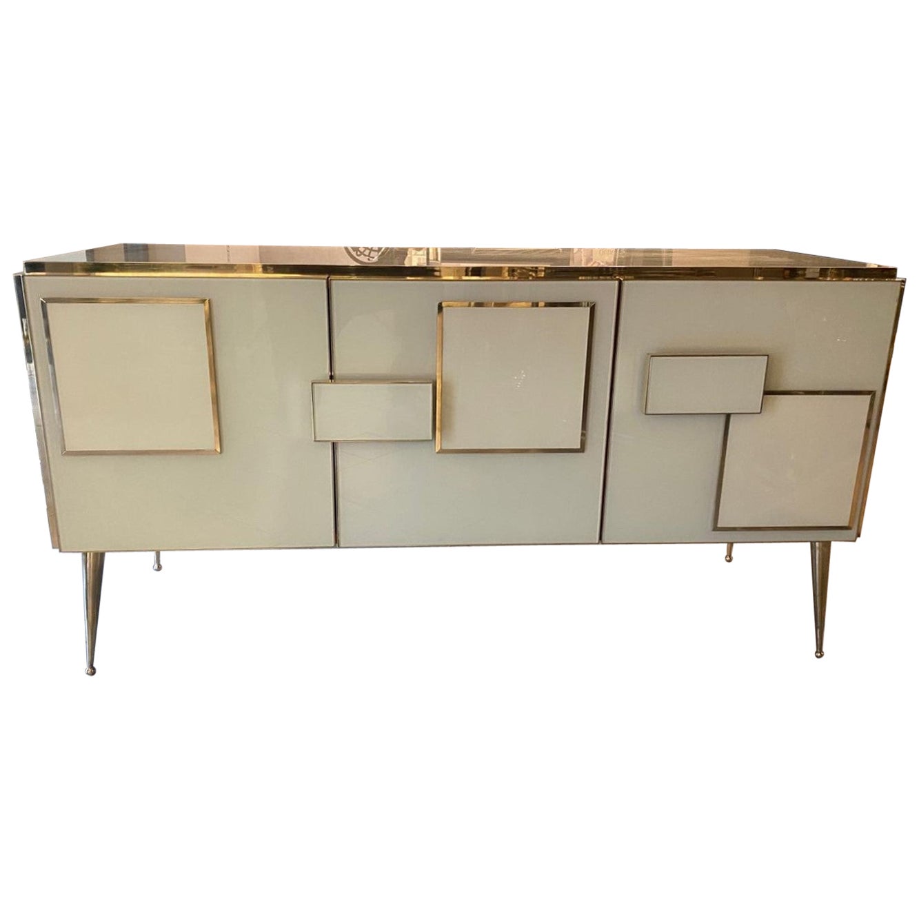 Italian Contemporary Warm White Colour Murano Glass, Brass and Wood Sideboard For Sale