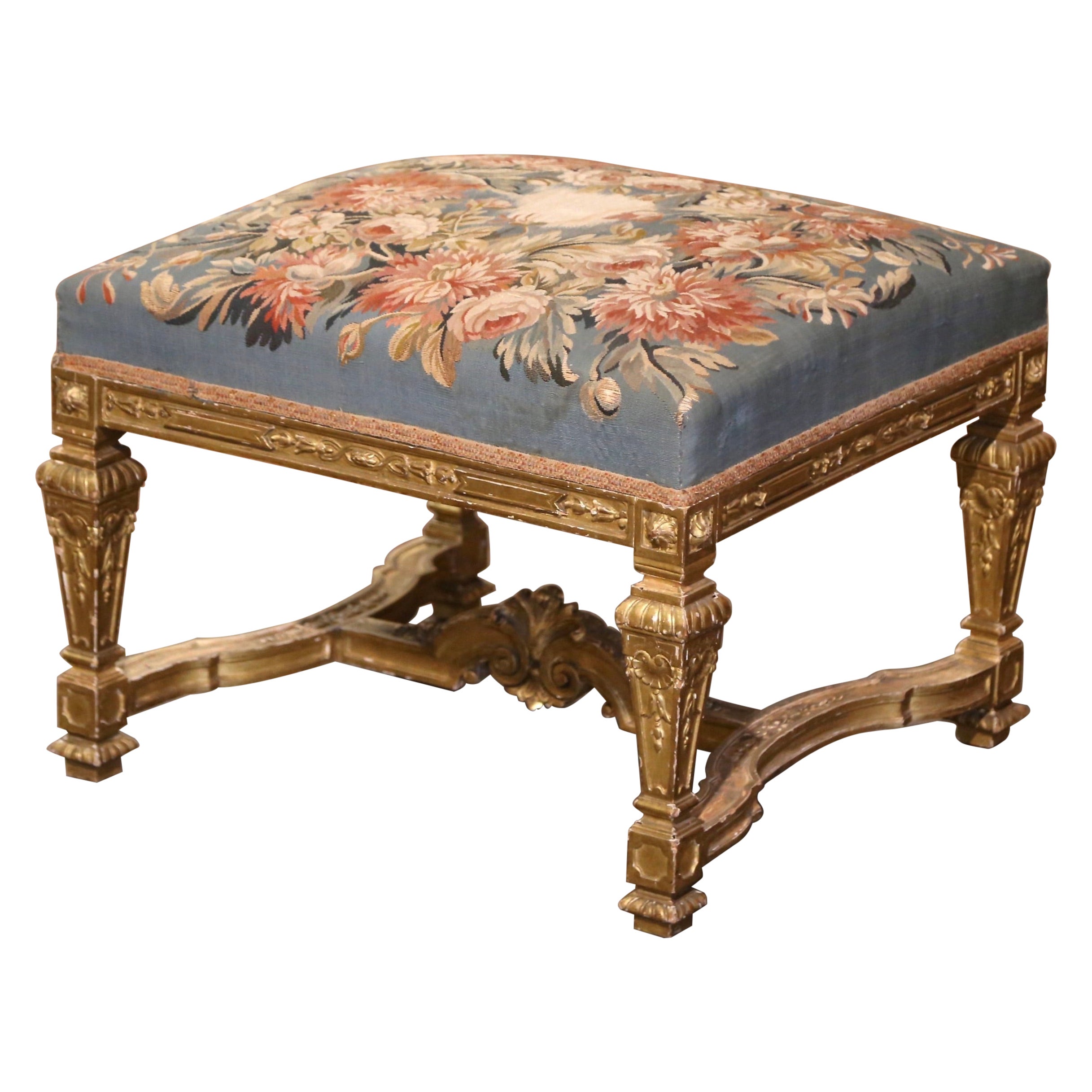 Sgabello francese Luigi XIV del XIX secolo in legno dorato intagliato con arazzo Aubusson