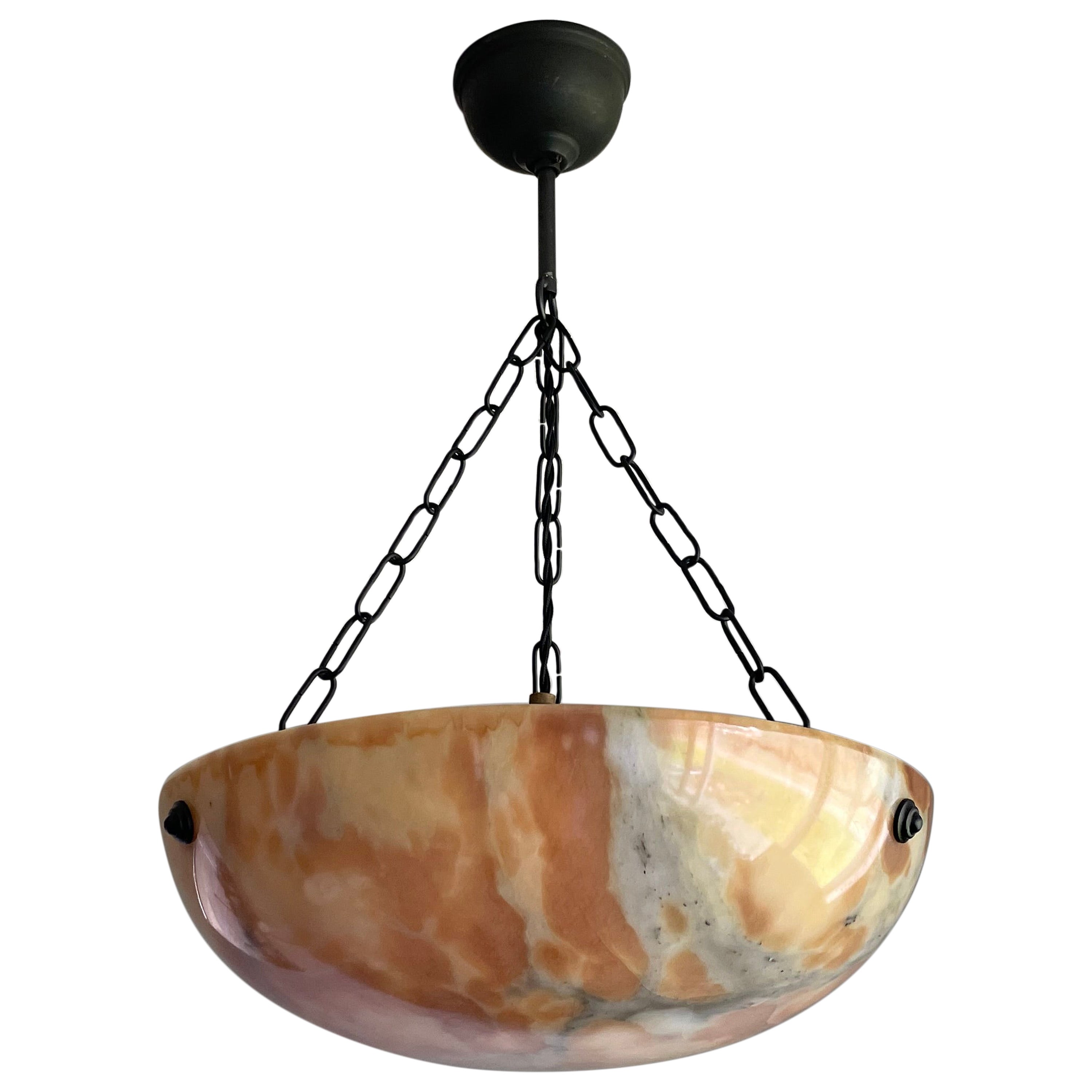 Timeless & Colorful Art Deco Alabaster Pendant Light w. Matching Design Canopy For Sale