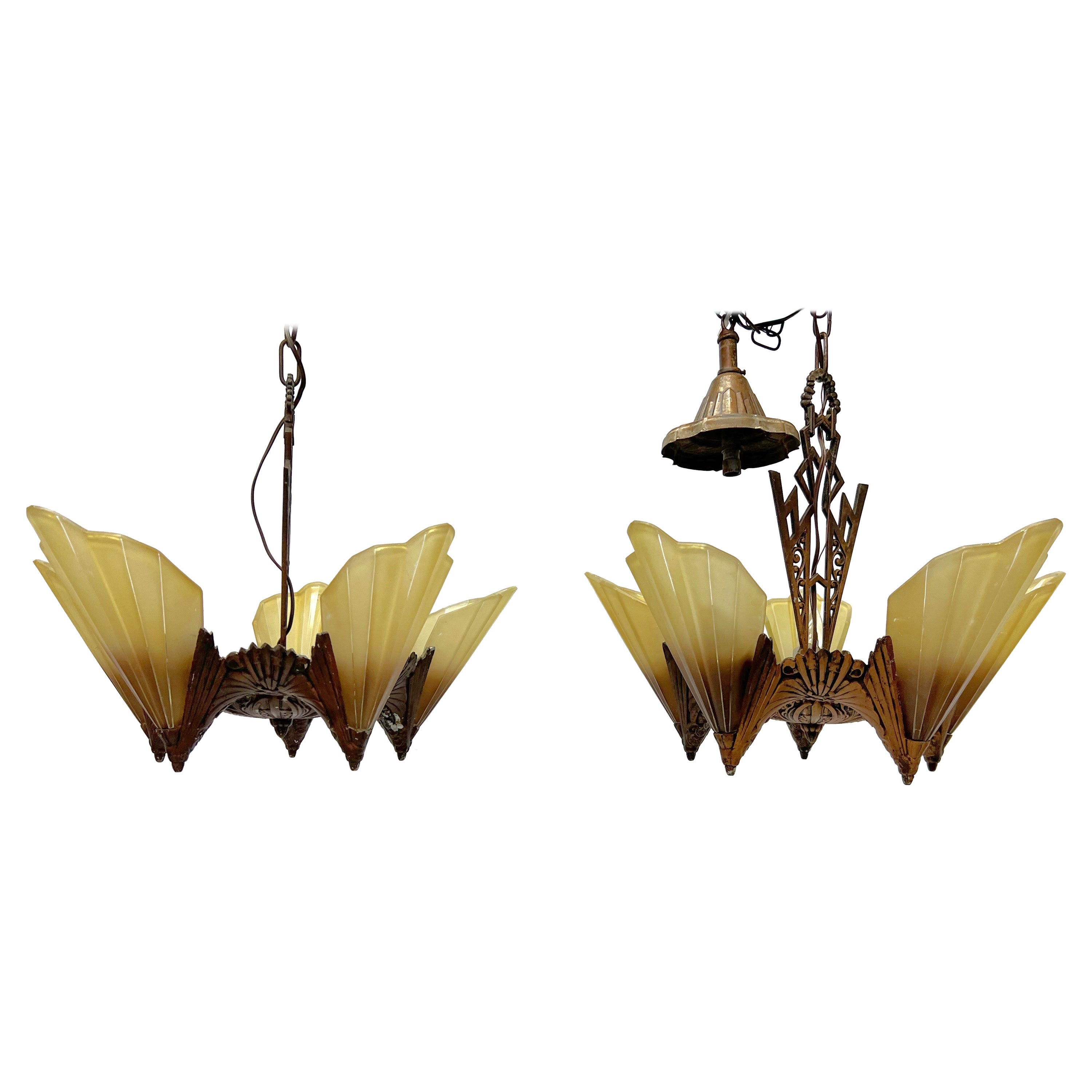 Antique Art Deco Slip Shade “Soleure” Chandeliers - a Pair For Sale