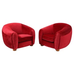 Red Mohair & Oak Boule Chairs , France 1970's